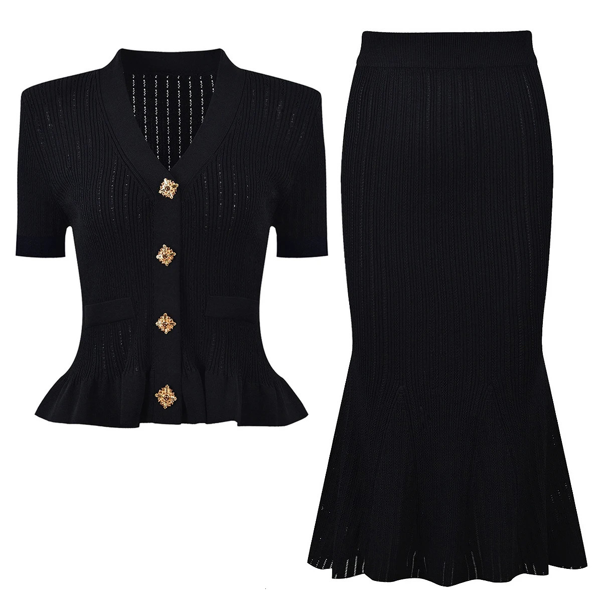 Five Color High Version Diamond Button Versatile Short Sleeved Knitted Top Cardigan Fish Tail Slim Half Skirt Set 251020