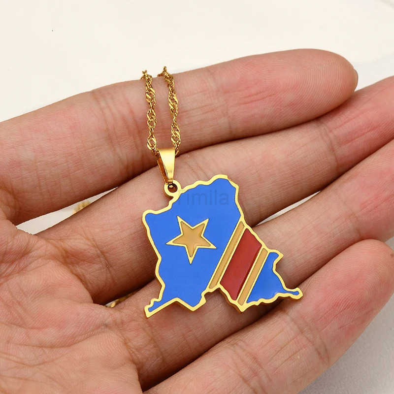 Democratic Republic of the Congo Map Colored Flag Pendant GoldSilver Color DRC Kinshasa Necklace Ethnic Stainless Steel Jewelry U251022