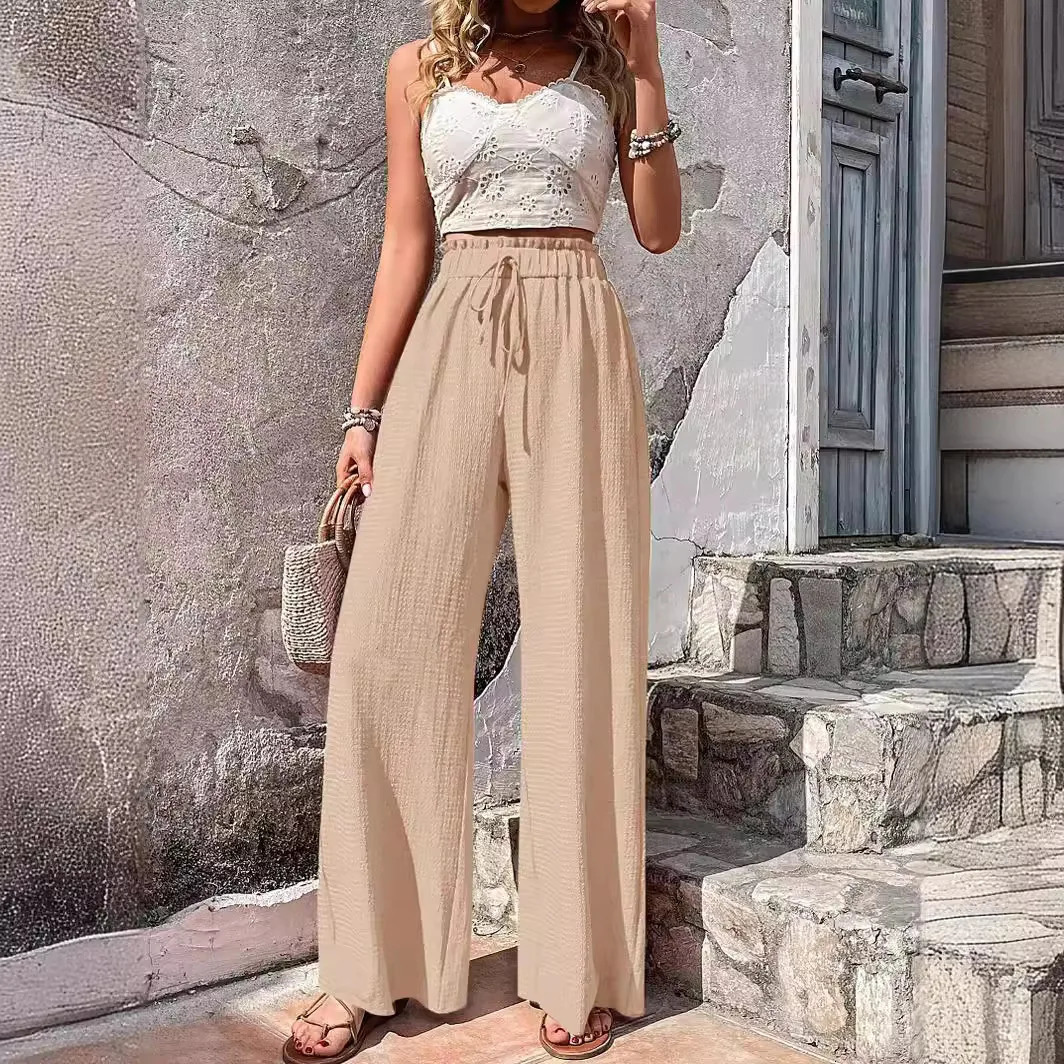 Women High Elastic Waist Wide Leg Pants Summer Casual Female Sand Beachwear Full Loose Trousers YLX333 251022
