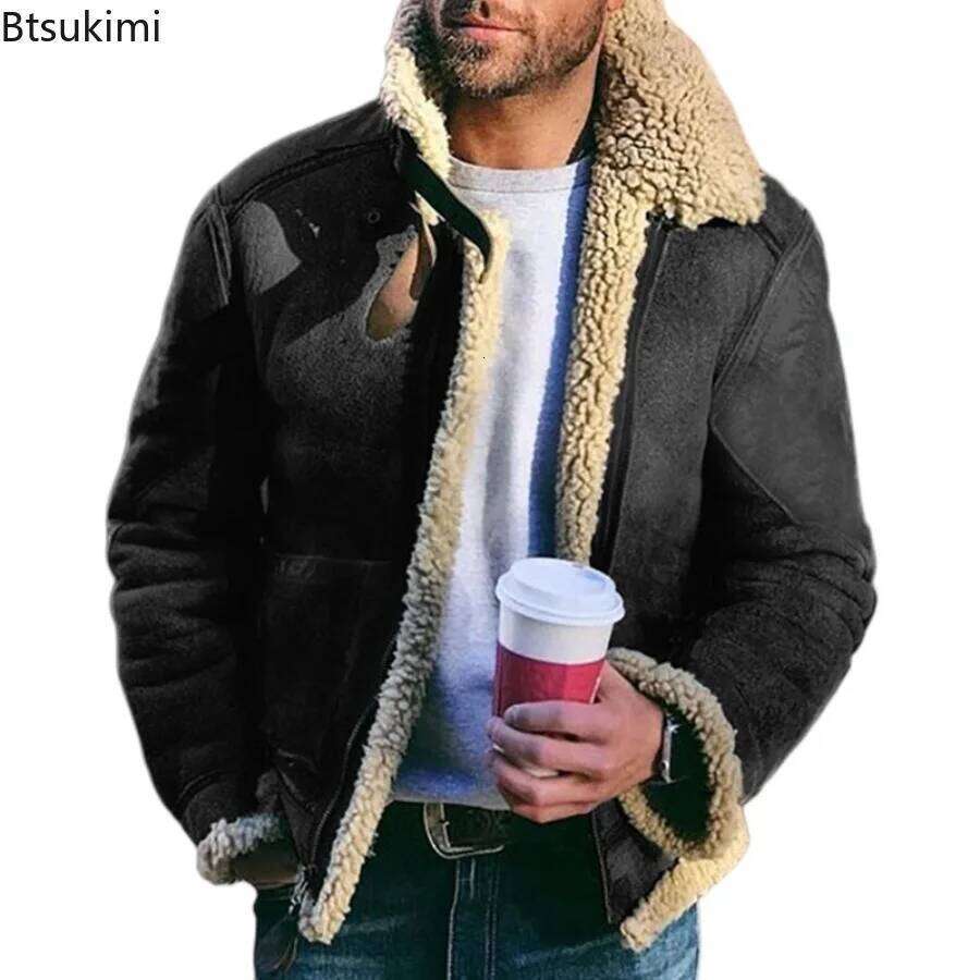 Men's Winter Thick Jacket Faux Leather Warm Coats Fashion Turn Down Collar Contrasting Color Suede Fur One-Piece Jackets