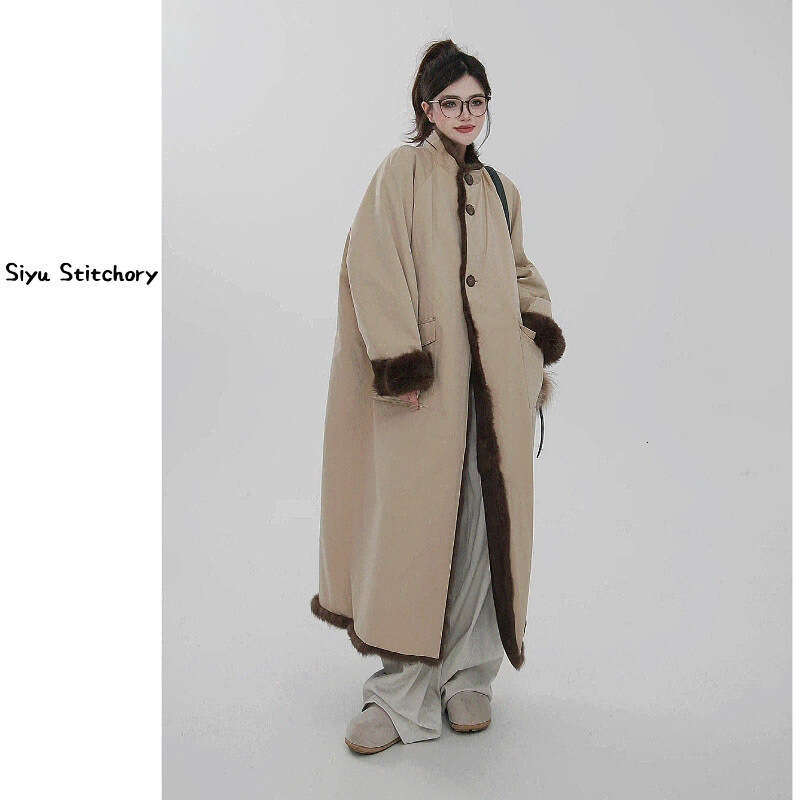 2025 Design New Angora Rabbit Long Reversible Fur Coat For Women Fur Coat Jacket Rabbit Fur Lining Sheepskin Collar Long Style Coat Clothing