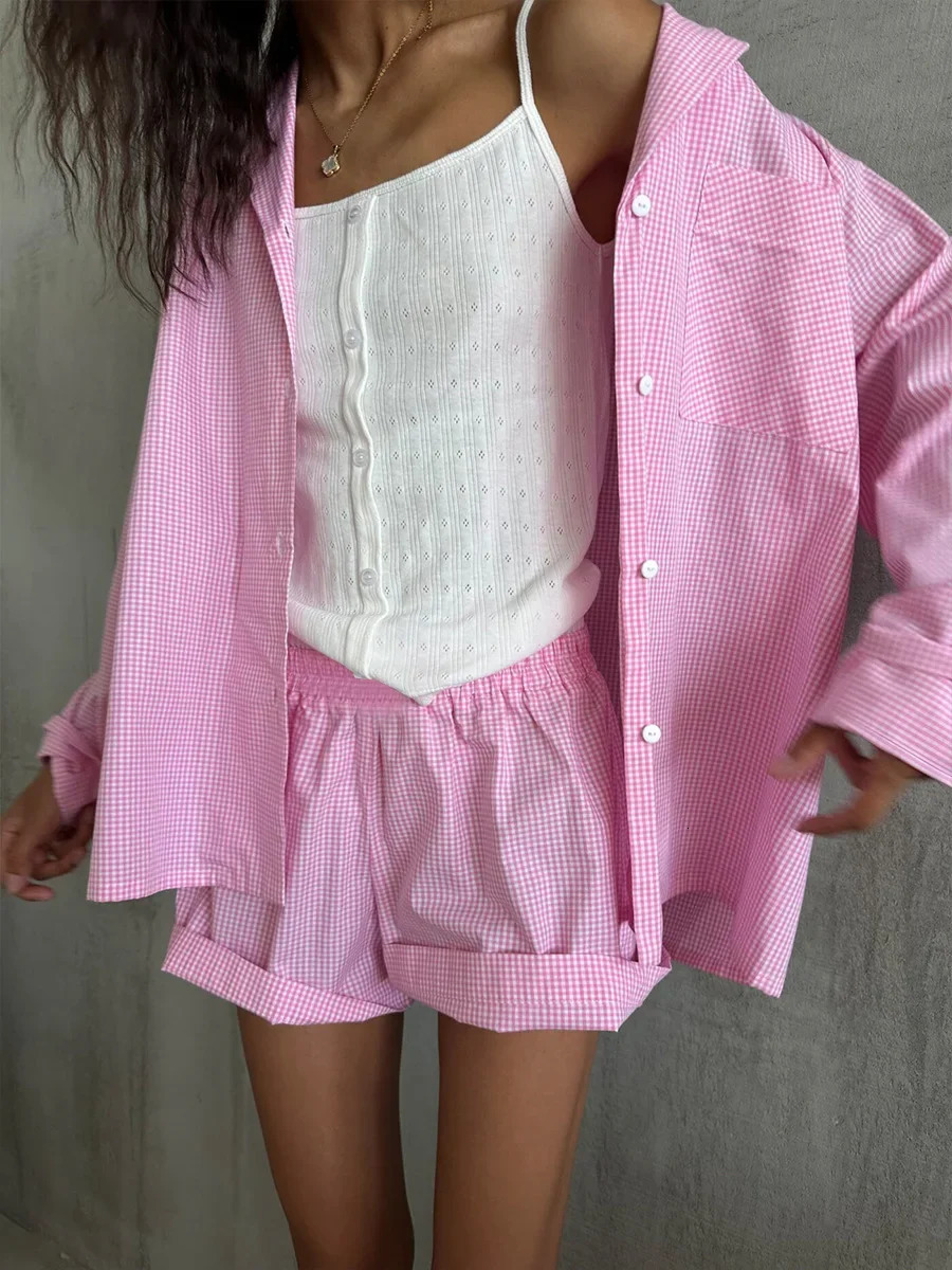 Blubelle 100 Cotton Pink Patchwork Checkered Pajama Set Spring Long Sleeved Shorts Pajamas Womens Casual Home Clothes 251022