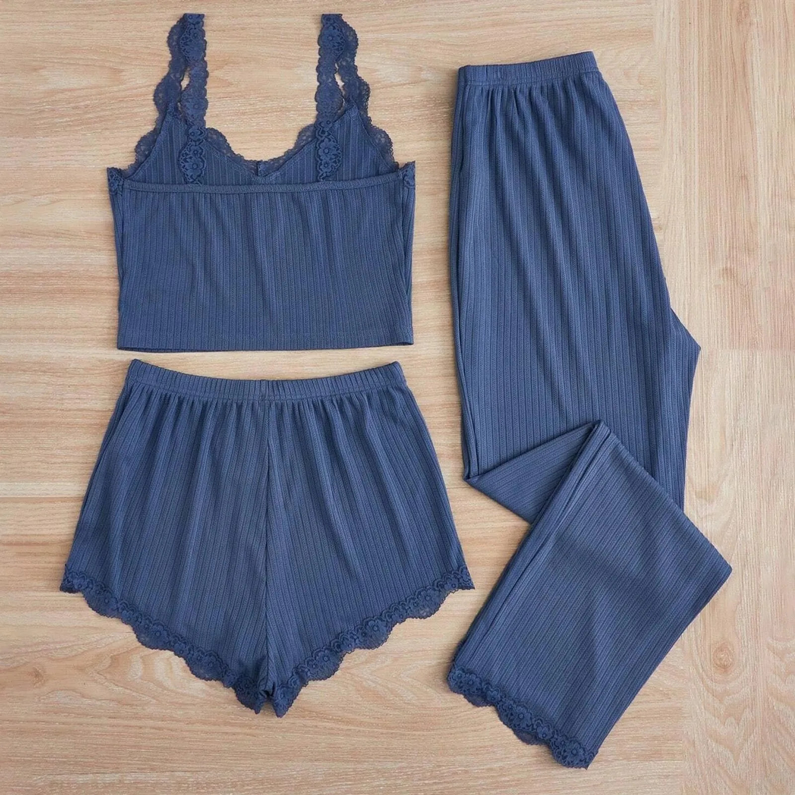 Womens Lace Three Piece Set Camisole Vest Shorts Pants Pajamas Set Spring Summer female Sleepwear set Casual Pajamas 251022