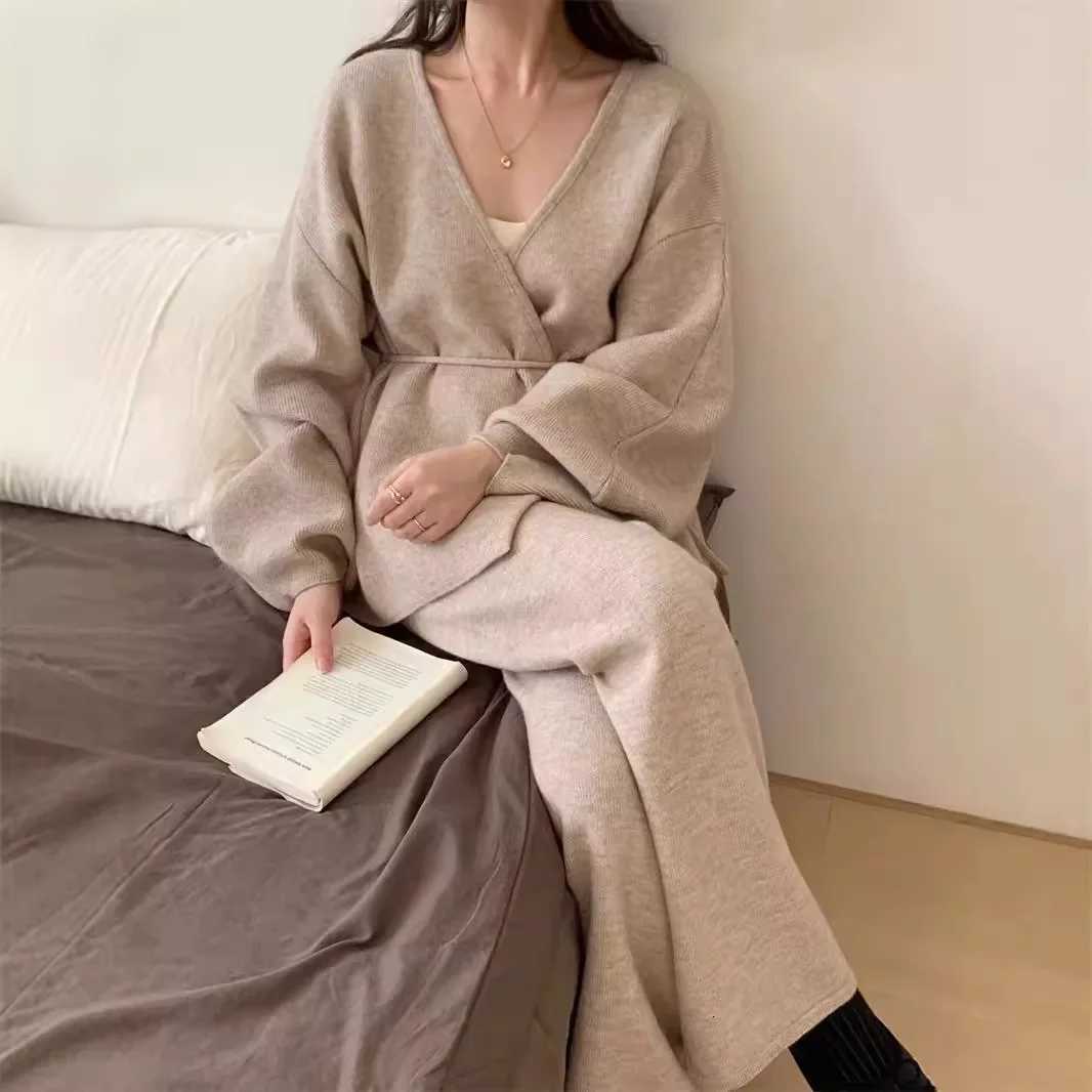 Women 2 Piece Sets Cardigan Wide Leg Pants Suit Knitted Coat Trousers Ensemble Lace Up Knitwear Jacket Autumn Winter VintageT251022