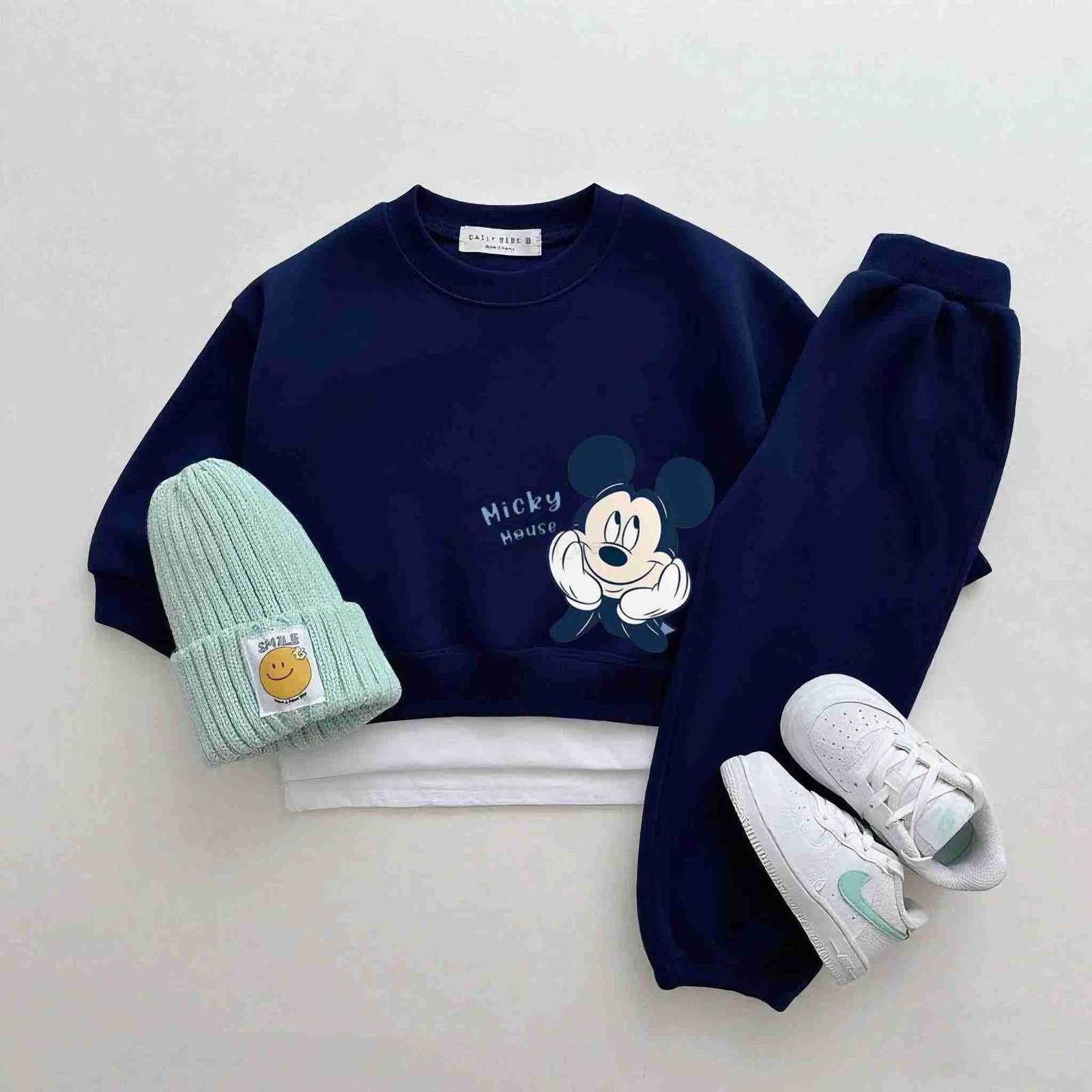 Disney New Design 2Piece Set Kids Cartoon Mickey Sweatshirts Solid Color Trousers Boys And Girls Fashion Tracksuits Lovely Tops Pants H251022