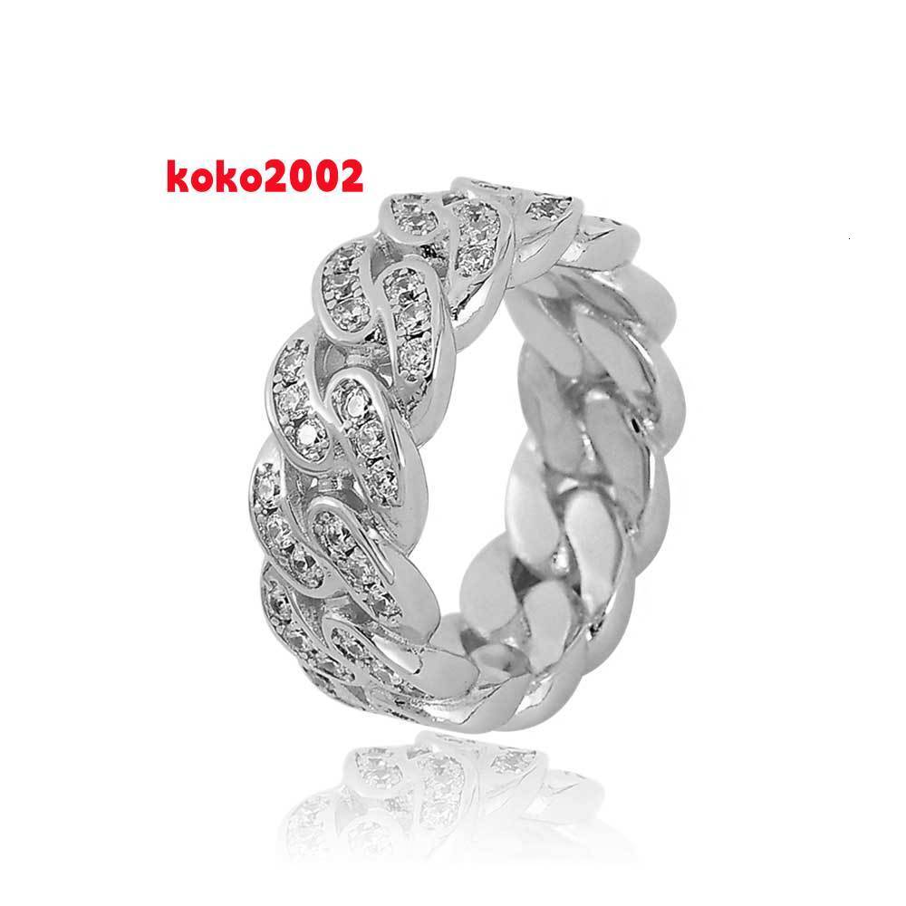 NUOYA Mens White Gold Plated 925 Sterling Silver Hip Hop Iced Out Moissanite Cuban Link Ring for Wedding and Party Fine Jewelry