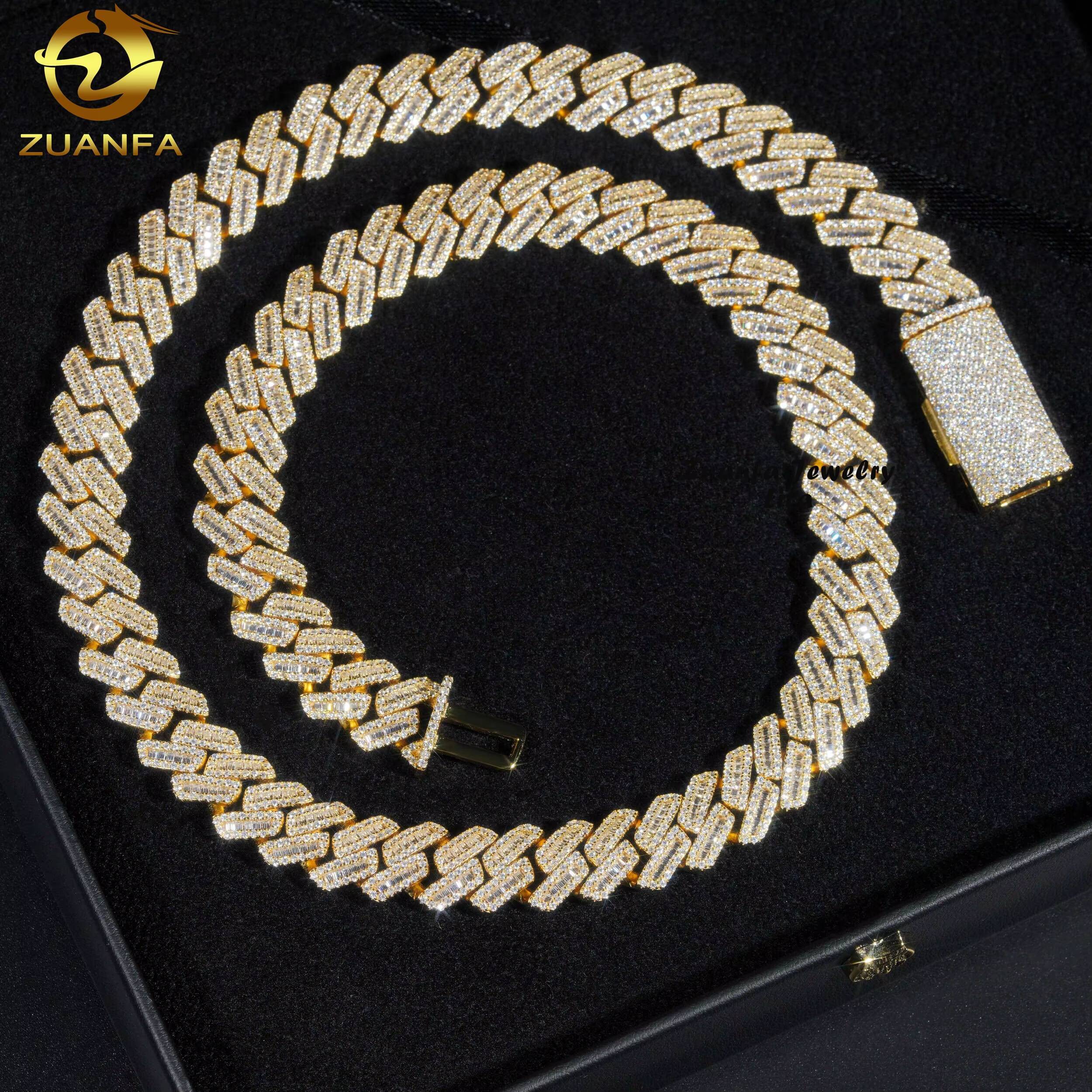 Hip Hop New Style Iced Out Silver 12MM Width Baguette Moissanite Diamond Gold Plated Cuban Link Chain