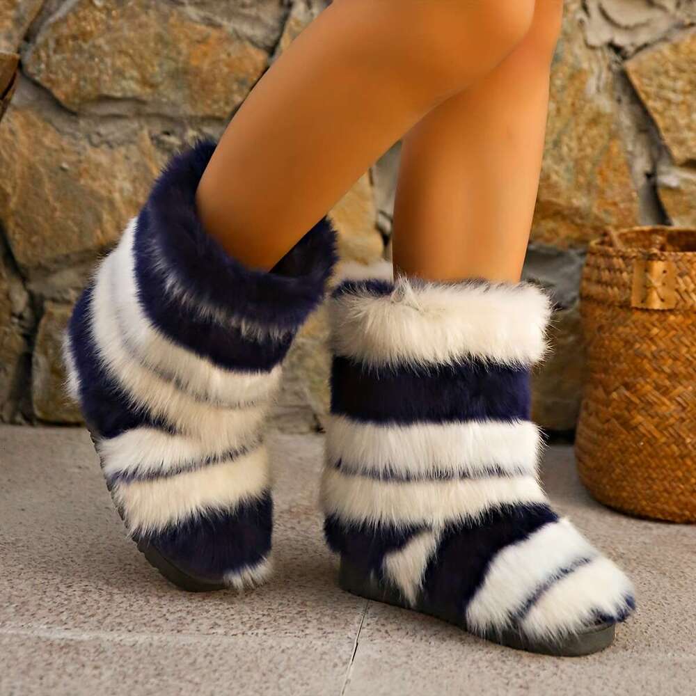 Trendy Fuzzy Faux Fur Plush Thermal Furry Boots, Casual Versatile Flat Wear Resistance Non Slip Snow Shoes