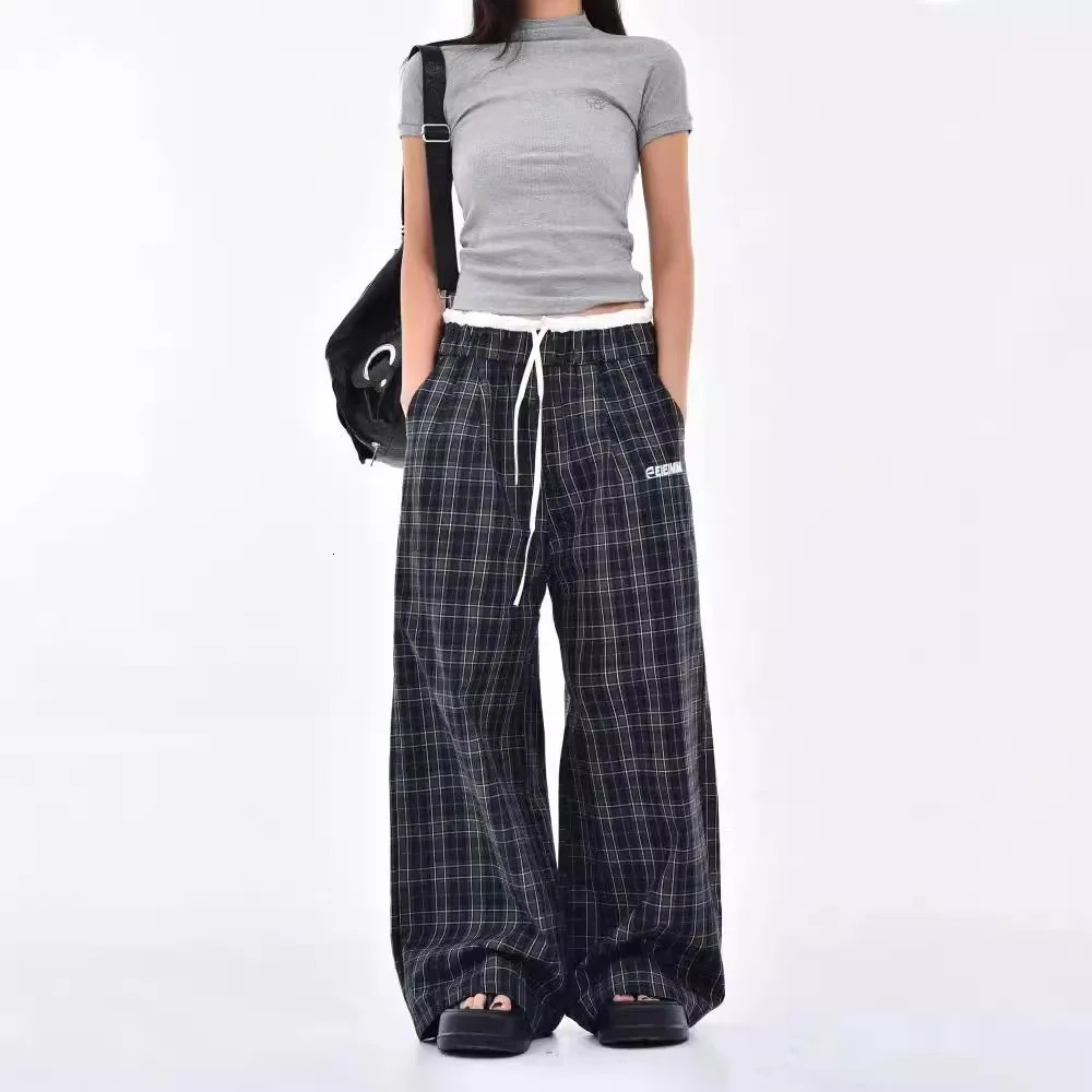 Plaid splicing wideleg pants womens spring and autumn high waist loose casual drape straight floor trousers 251016