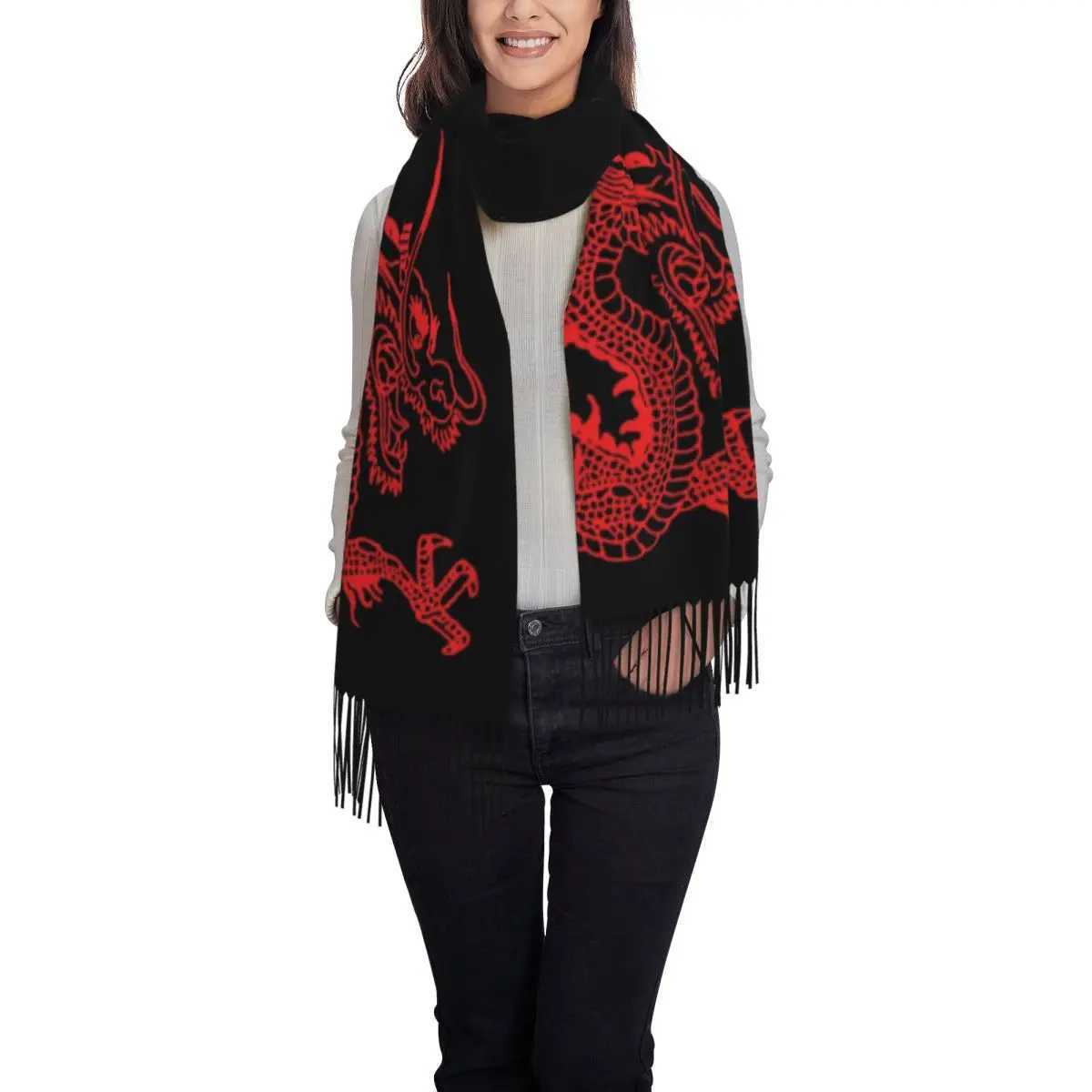 Custom Female Long Red Chinese Dragon Scarves Women Winter Soft Warm Tassel Shawl Wraps Asian Oriental Style Art Scarf J251118