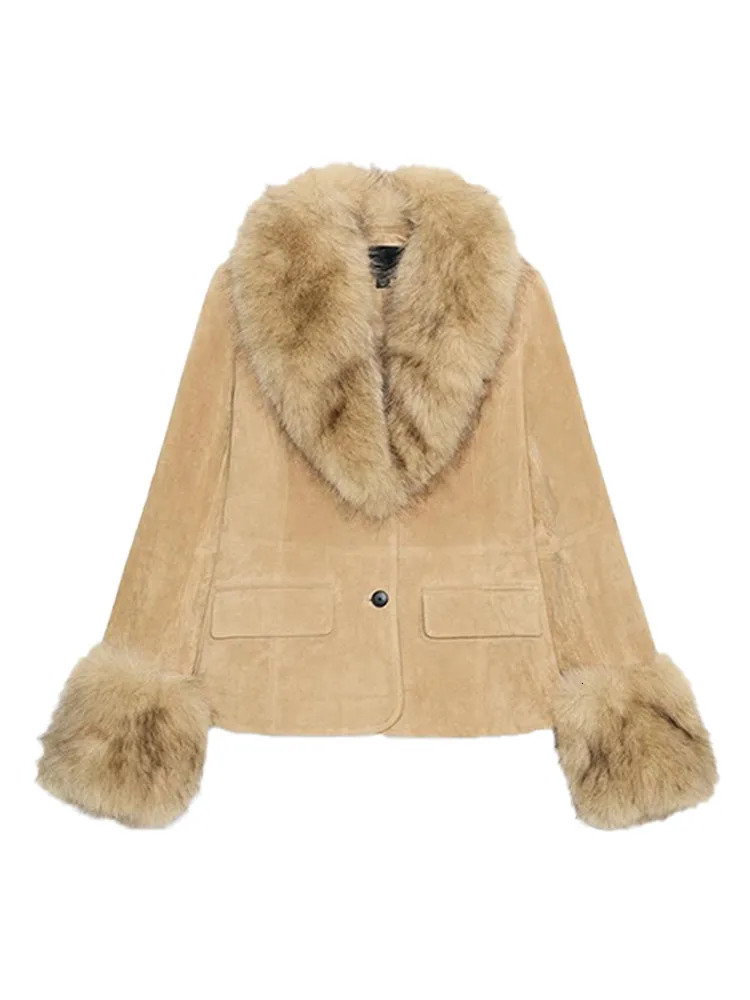 Stylish Faux Fur Patchwork Jacket Women Solid Lapel Long Sleeve Button Pocket Female Coat 2025 Autumn Winter Casual Lady Outwear 251022