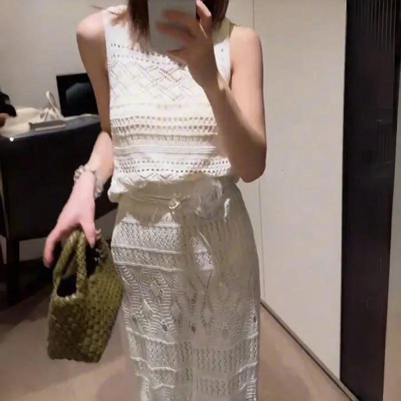 Summer Korean Knitted Lace Hollow out Vest Set Pure Desire Long Skirt Two Piece Set Floor Length Evening Gown 251020