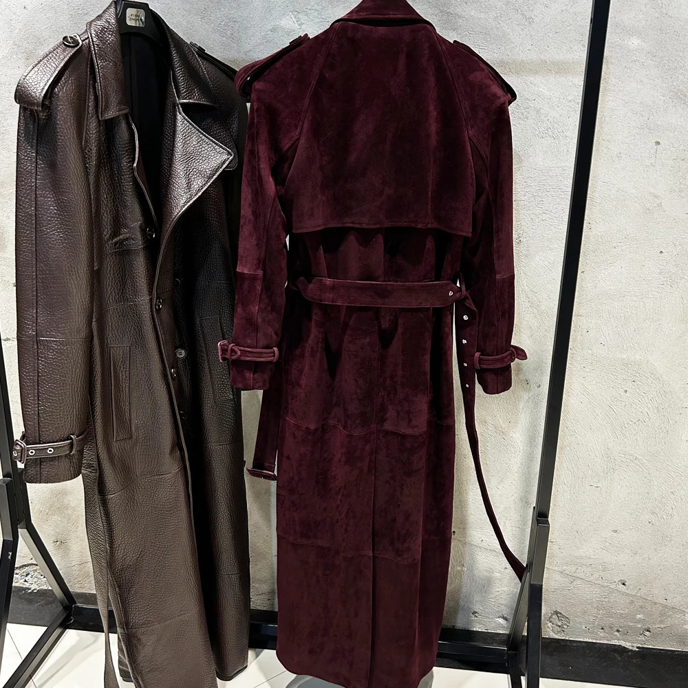 Suede Burgundy Long Coat Double Breasted Windbreak Length 150cm Womens Real 251021