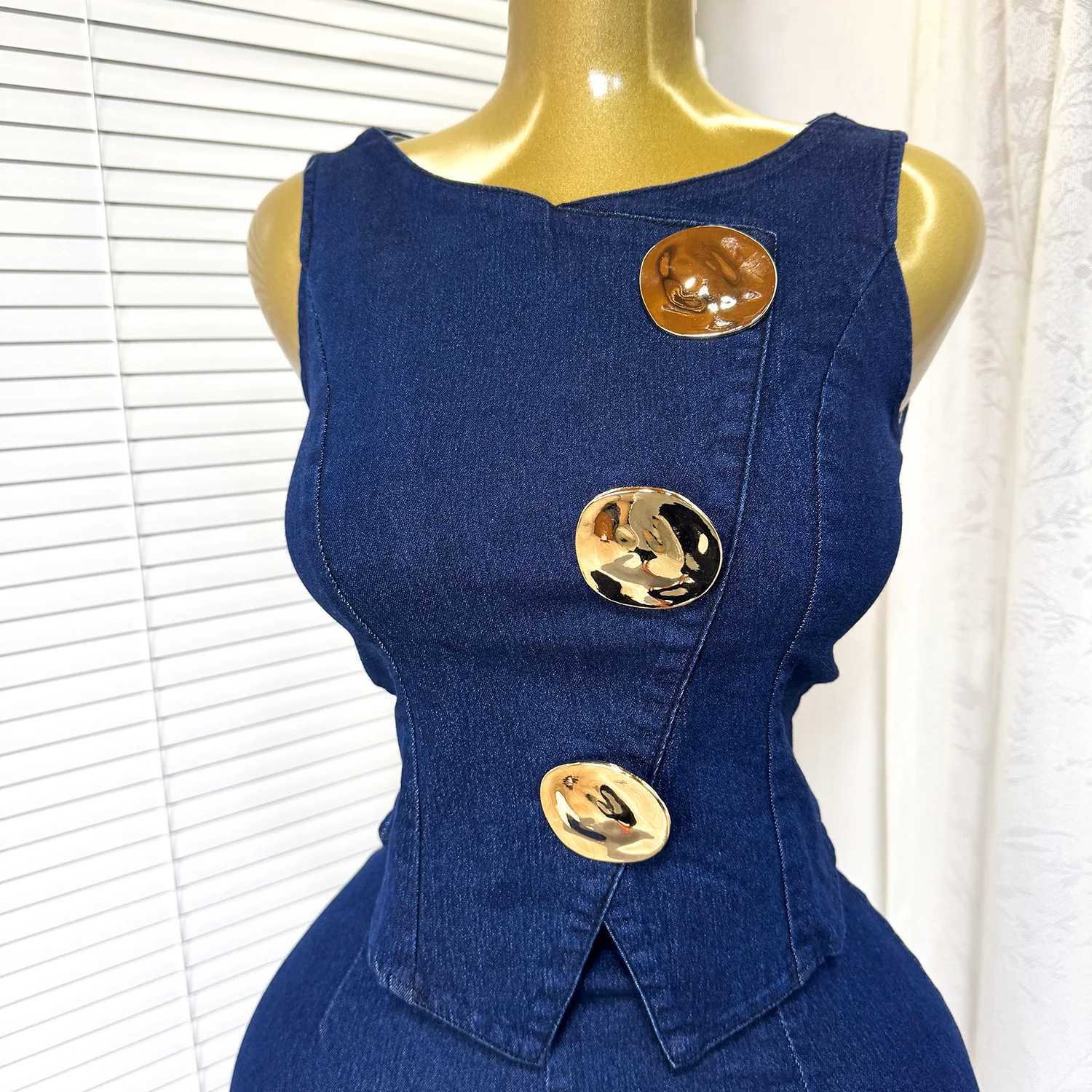 Denim Pant Set Women Two Piece Sets Sleeveless Vests Tops Wide Leg Long Pants High Waist Y2k Streetwear Elegant Work 2025T251022