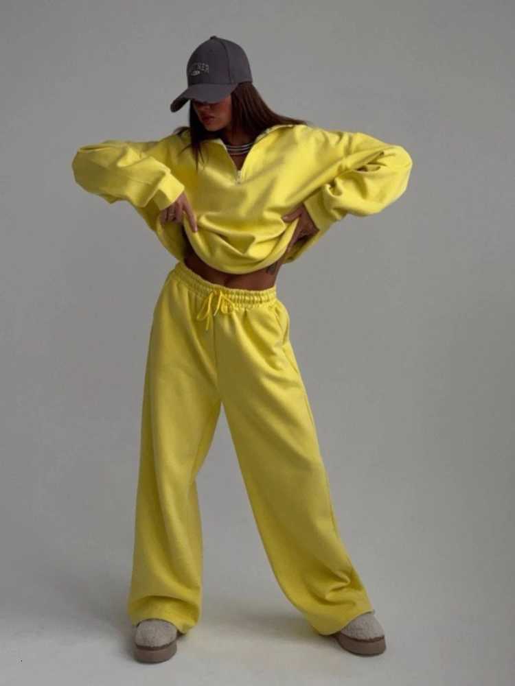 Oversize Pullover LaceUp Sweatpants TwoPiece Women Fashion HalfOpen Collar LongSleeved Sweater Trousers Casual Pant SuitT251022