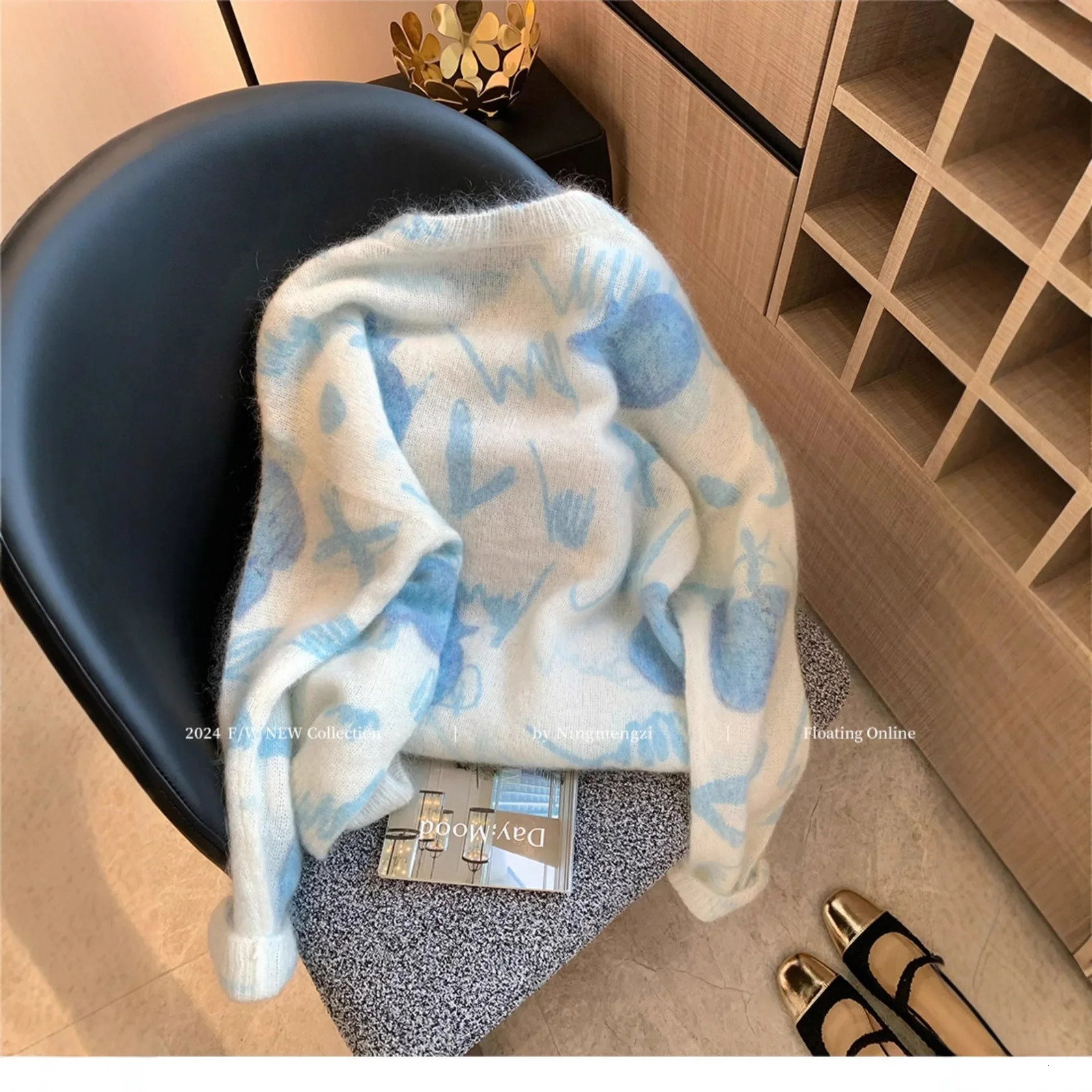 Soft Cozy Crew Neck Knitwear Womens Style Cat Print Bead Embellished Mouton Woollike Polyester Fiber Full Sleeve Top 251016