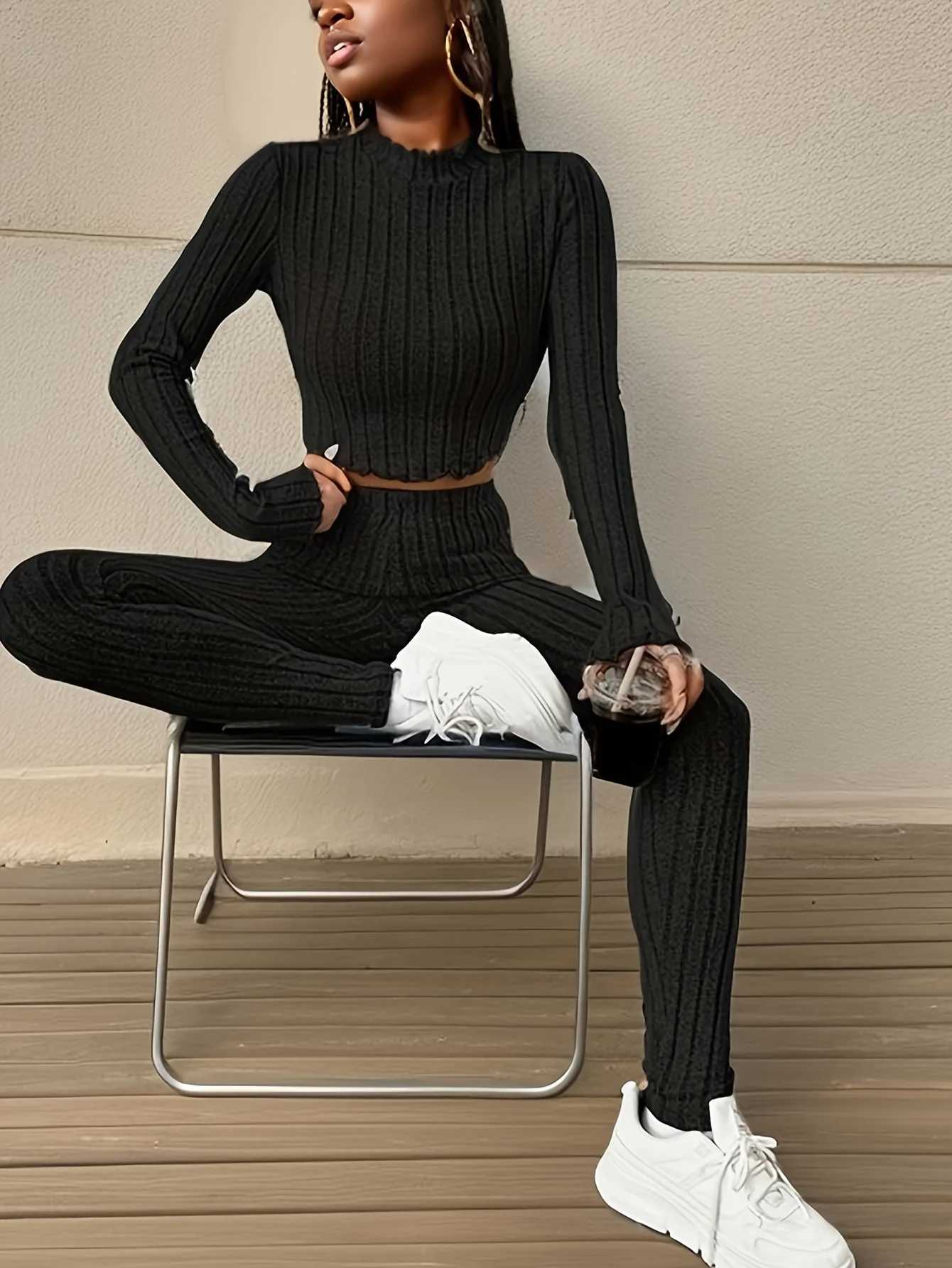 Casual Ribbed Twopiece Set Lettuce Trim Mock Neck Long Sleeve Top Elastic Waist Pants Outfits Womens ClothingT251022