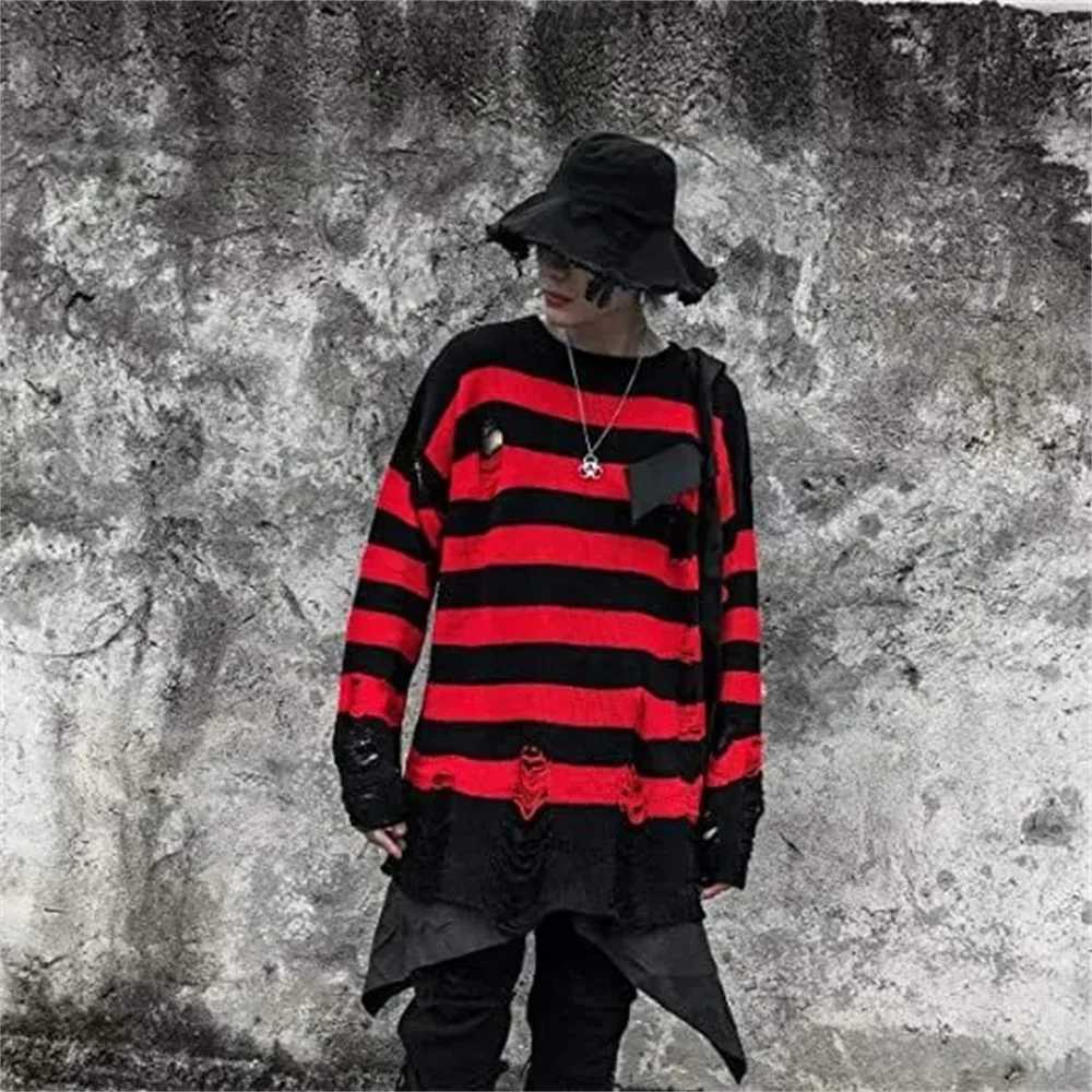 Autumn Winter Color Blocking Stripe Sweaters Destroyed Ripped Design Fashion Sweater Mens Pullover Knitwear Oversize StreetwearXJ251022