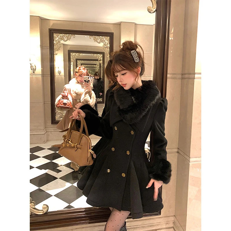 Vintage Black Wool Blends Coats Women Elegant Faux Collar Woolen Jacket Korean Long Sleeve Outerwears Winter Overcoat 251020