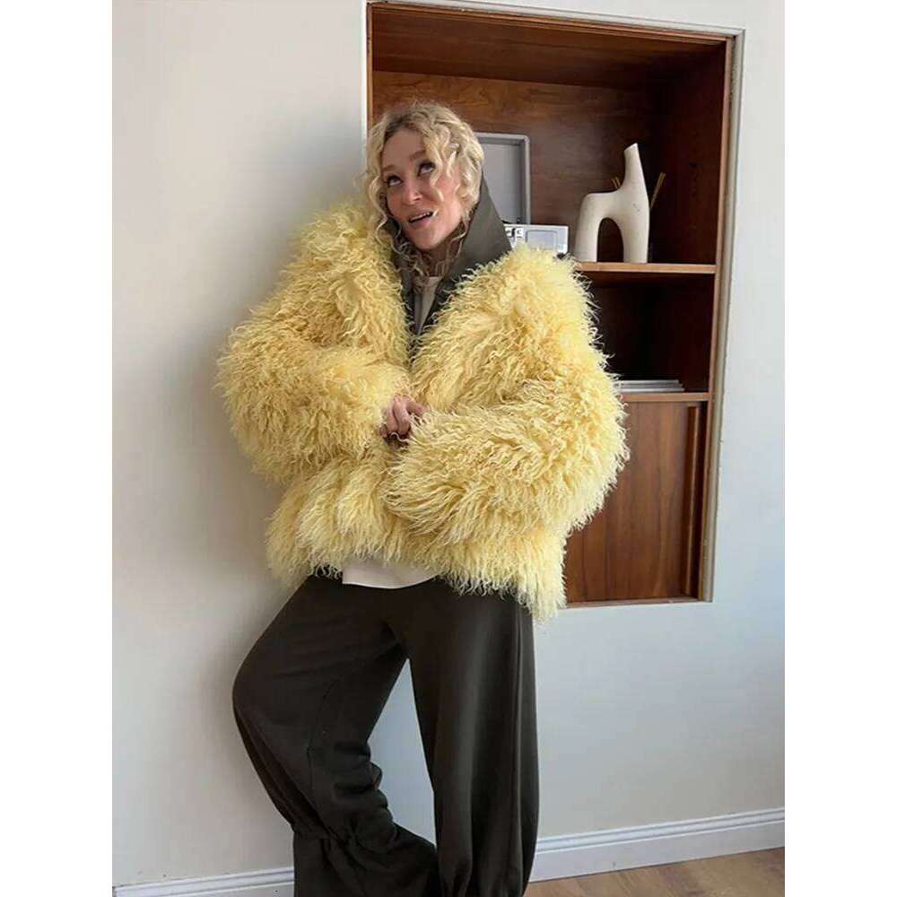 Solid Yellow Faux Fur Jacket Women Fashion Lapel Long Sleeve Loose Fluffy Short Coat 2025 Winter Lady High Street Warm Outerwear