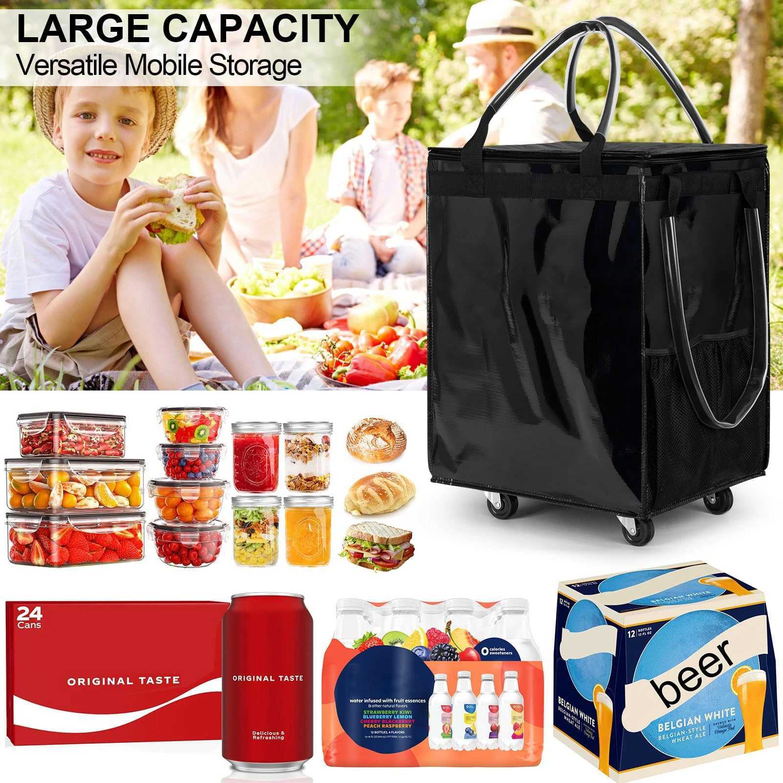 Reusable shopping bag with wheels large capacity travel rolling tote bag zipper closure foldable handle not easy to break W251114