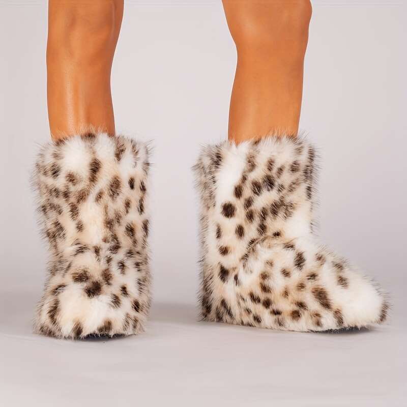 European And American Cross-Border New Style Long-Haired Women's Winter Y2k Hot Girl Fashion Warm Thick-Soled Mid-Calf Boots, Leopard Print Snow 