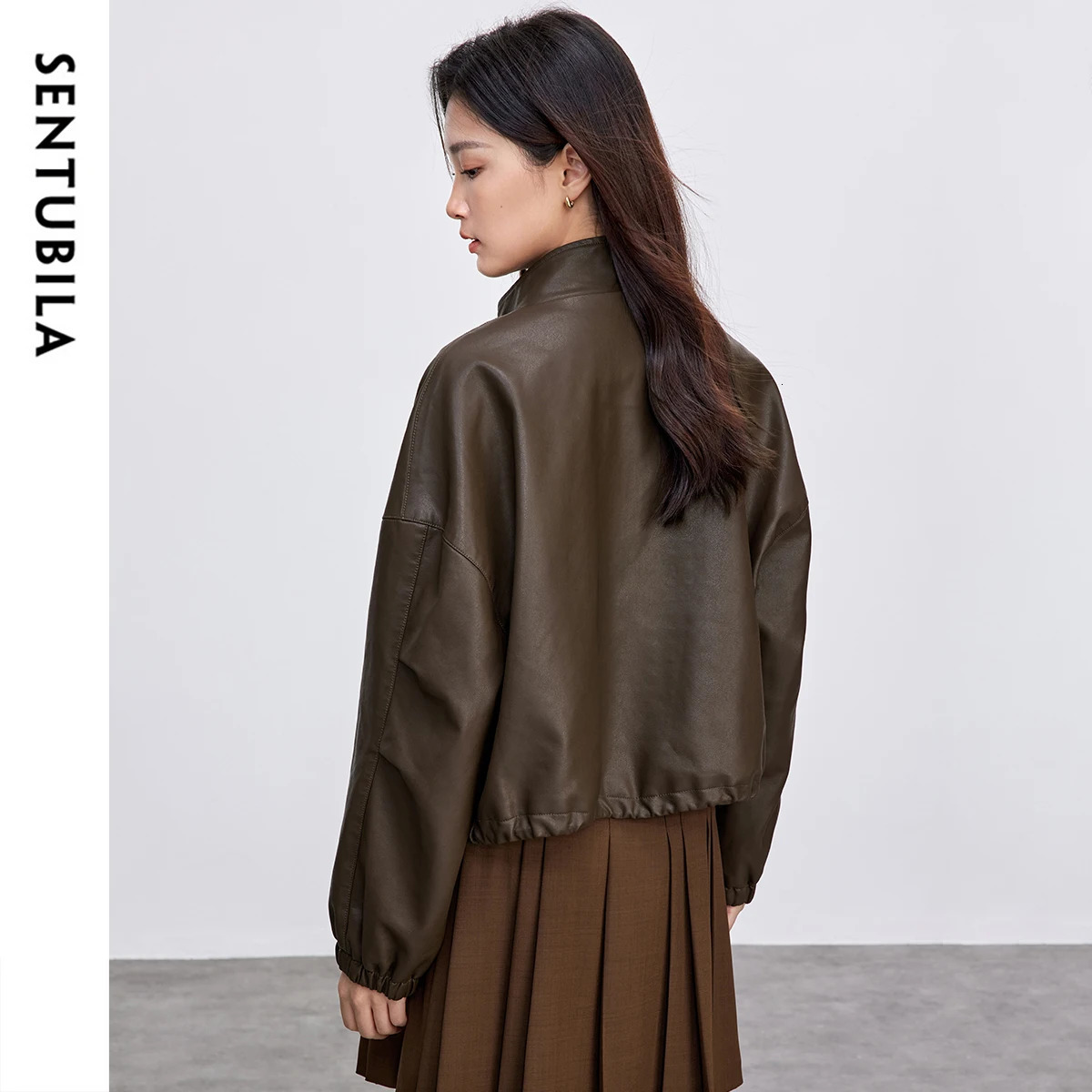 SENTUBILA Leather Jacket Women Autumn Fall Fashion Vintage Commute Loose Stand Collar Folds Pu Short Outerwears W51G87928 251017