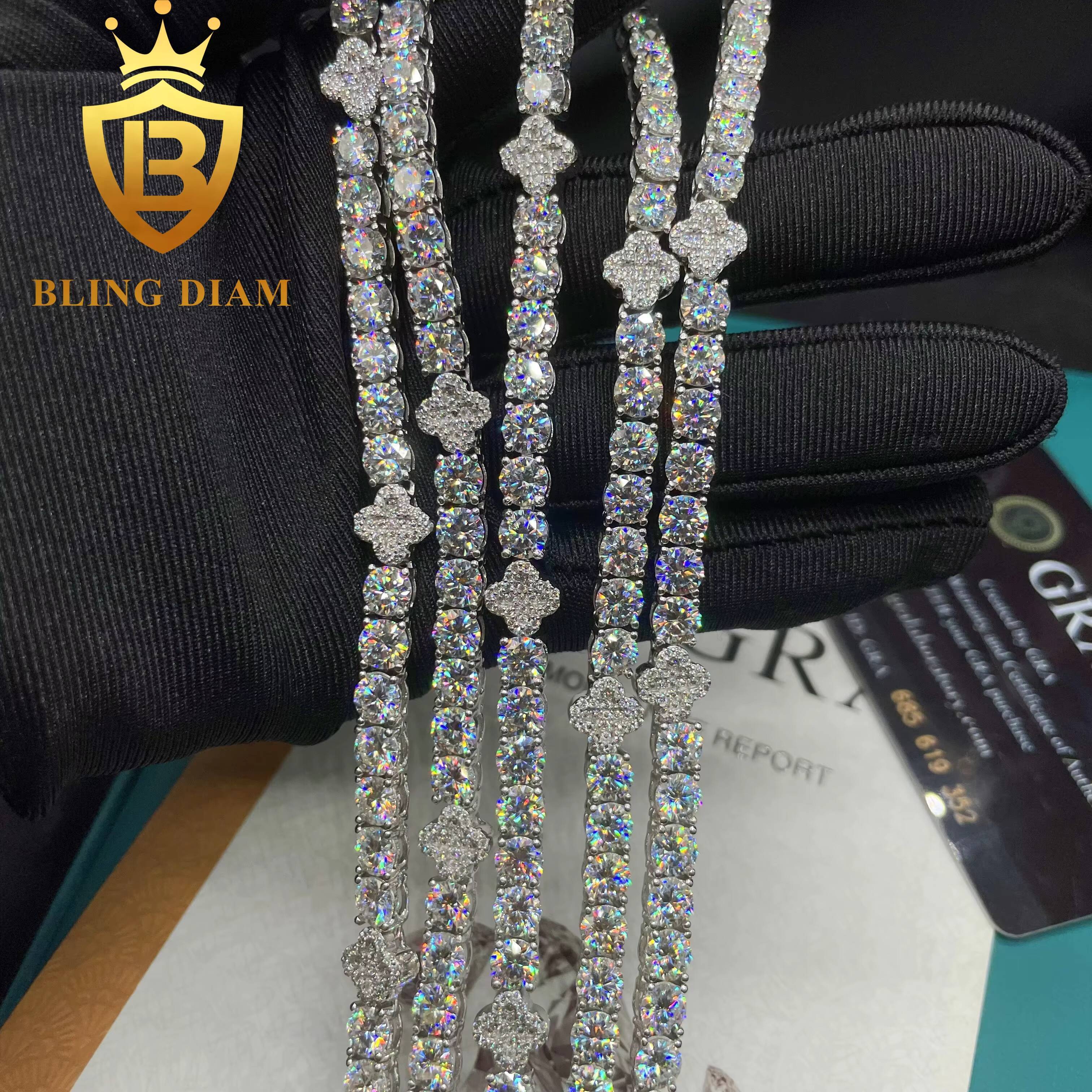 New Arrivals Iced Out Bling Four Clover 5mm Tennis Chain Cluster Necklace Hiphop Moissanite Diamond 925 Silver Men Woman
