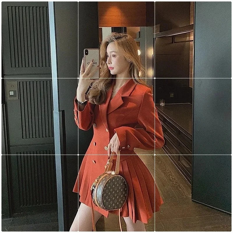 4XL Womens Fat mm Hepburn Double breasted Blazer Suit Dress Autumn and Winter Waist Shrinking Long Sleeve Pleated Dress Orange 251020