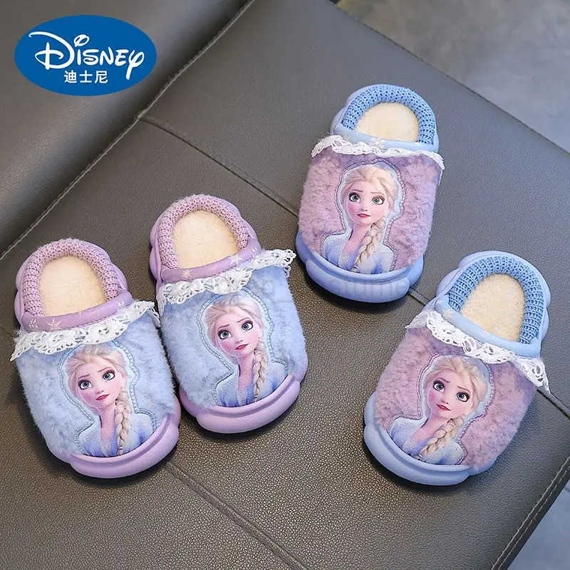 Disney Princess Elsa Frozen Slippers for Girls in Autumn Winter Indoor Warmth Non slip Childrens Plush Cotton Blue Purple Shoes H251022