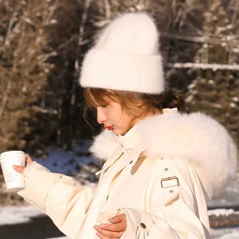 Fashion Warm Cashmere Wool Skullies Angola Rabbit Fur Winter Knitted Beanies Women Cap Female Three Fold Ski Outdoor Hats J251022