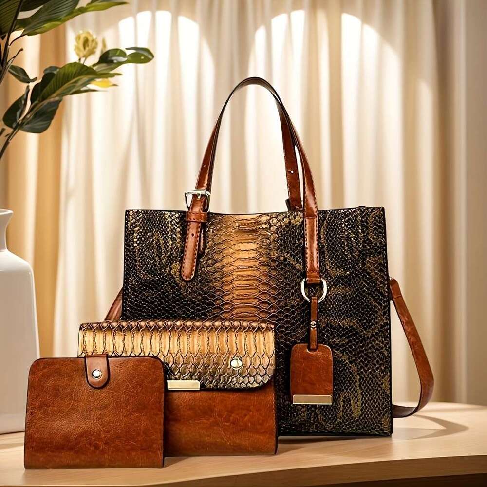 3-Piece Set Women's Crocodile Pattern Handbags, Stylish Faux Leather Tote With Matching Clutch & Wallet, Vintage Design Crossbody Bag