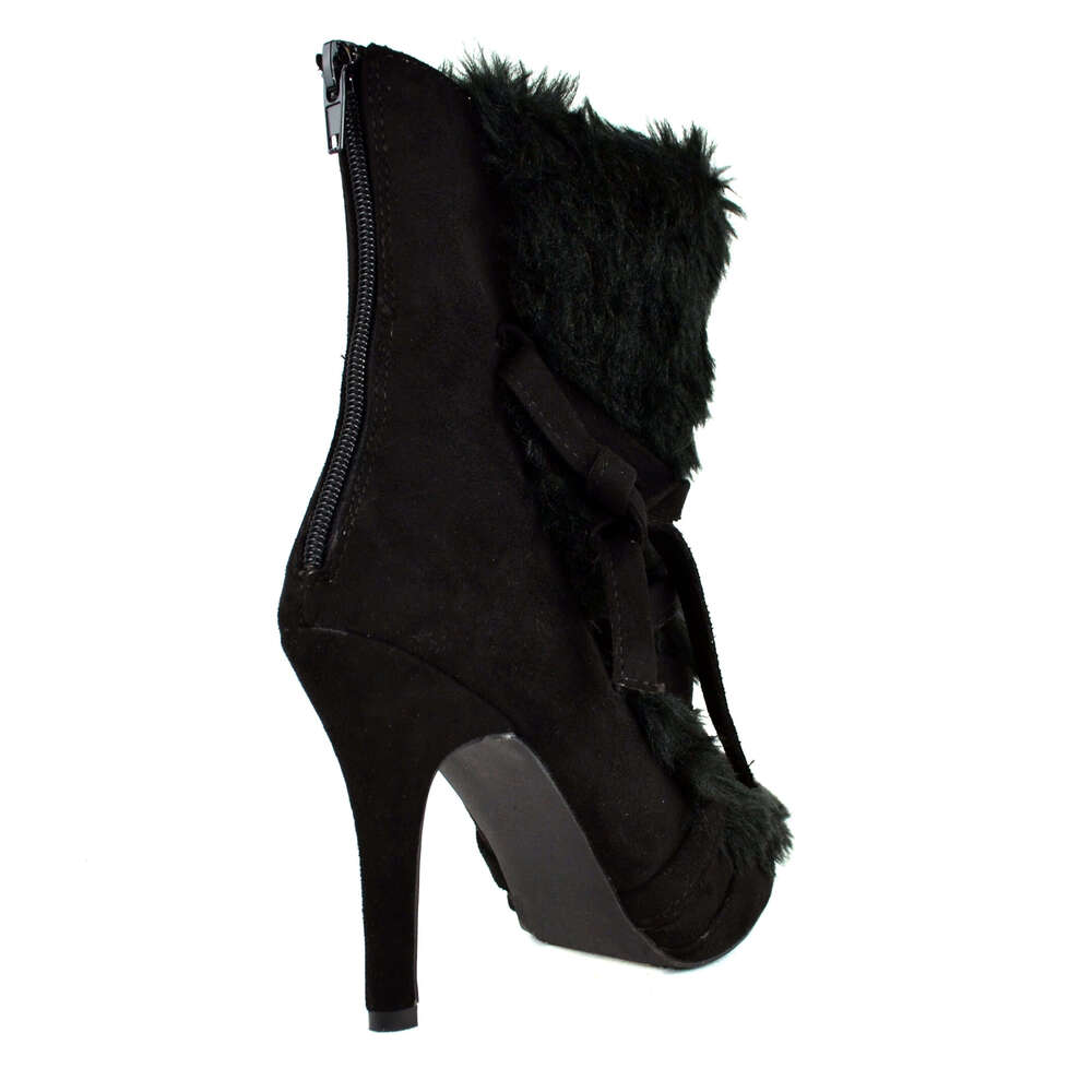 Women's Pointed Toe Faux Suede Fur Ankle Boot With Stiletto Heel And Wrap Tie Detail