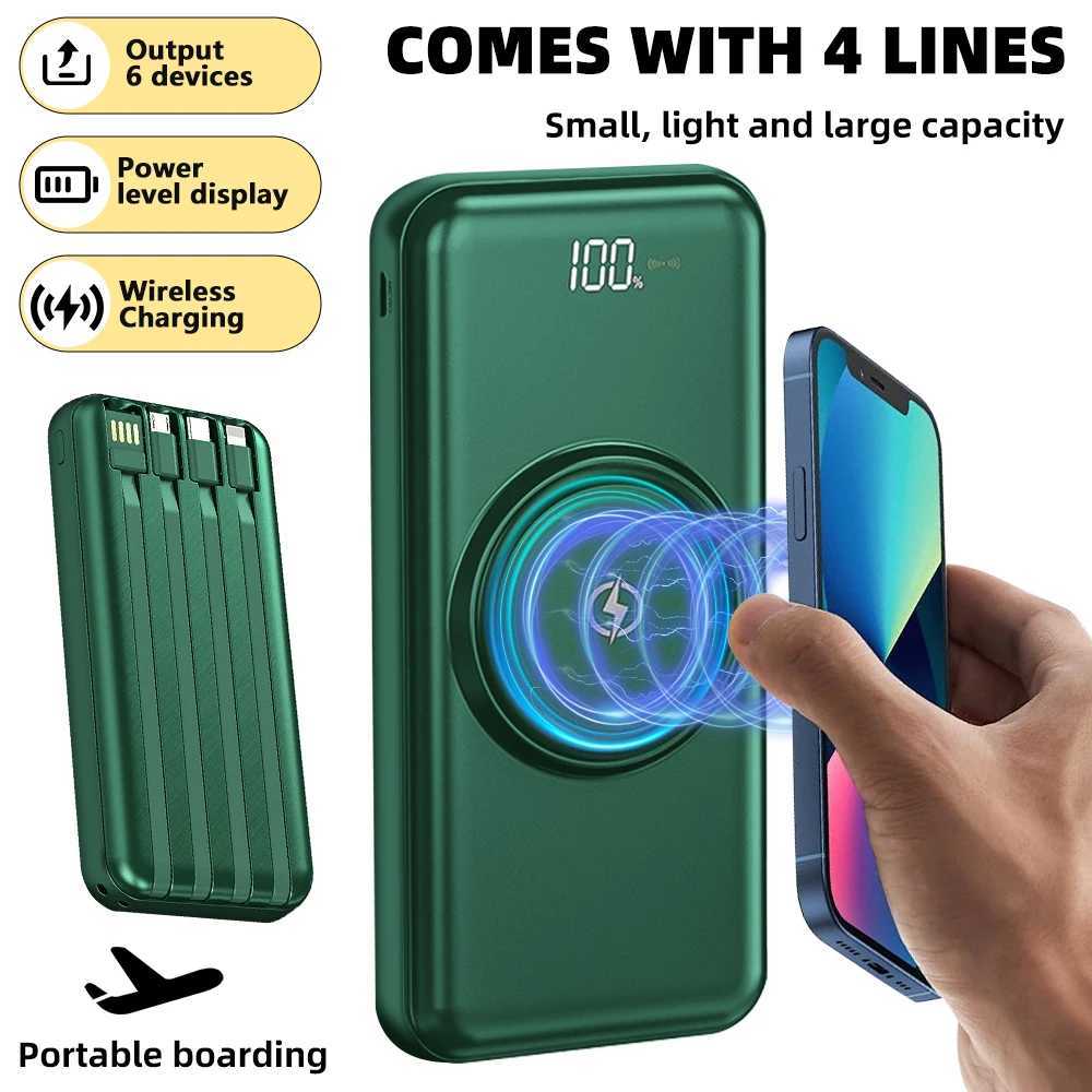 20000mAh Wireless Power Bank Fast Charging Builtin Quad Power Cable Mobile Phone Charger For Iphone 13 14 15 J251114