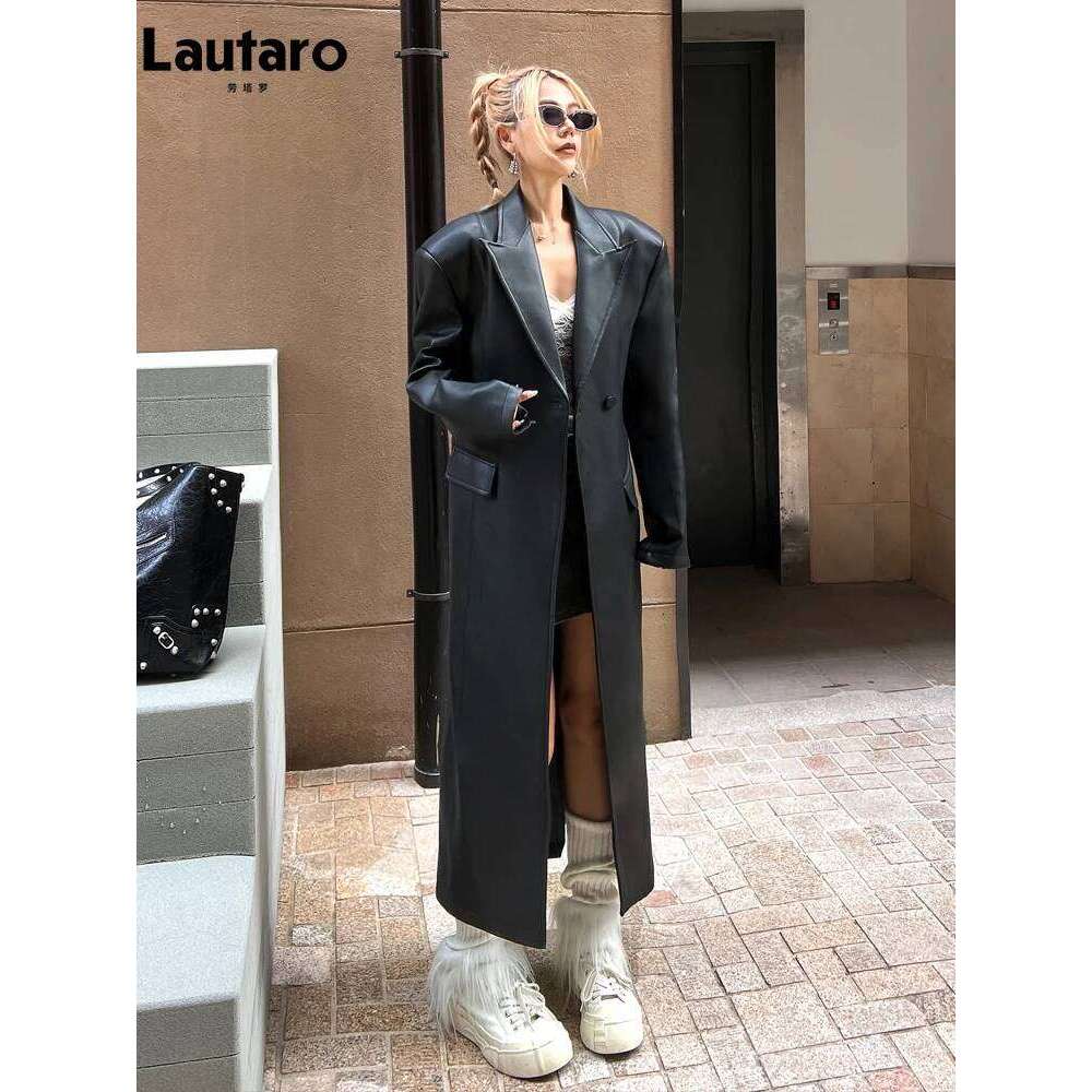 Lautaro Spring Autumn Extra Long Black Loose Pu Trench Coat for Women Shoulder Pads Double Breasted Faux Leather Blazer