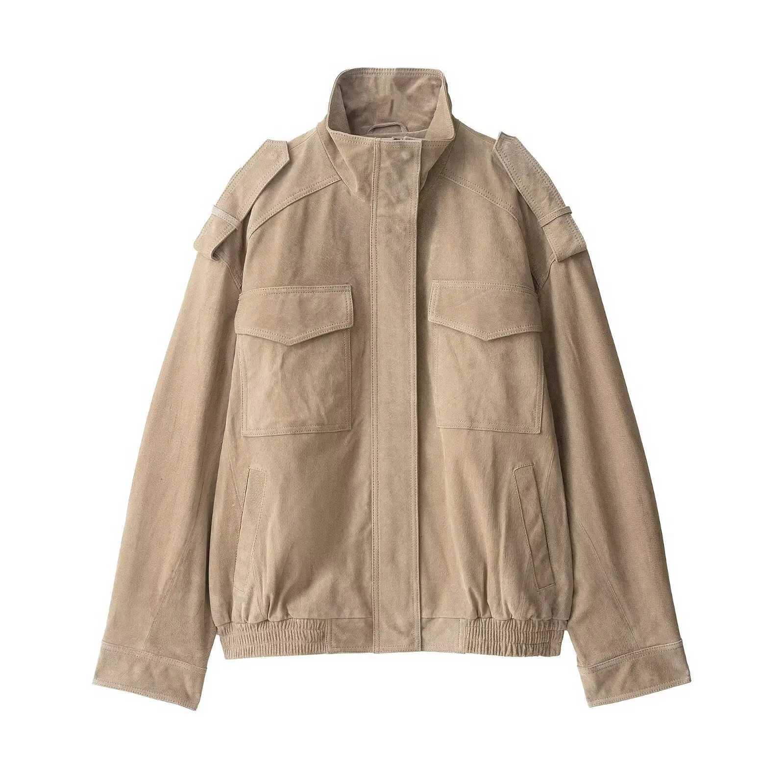 Winter Khaki Suede Leather Womens Jacket Fashion Stand Collar Zippers Pockets Women Coat 2025 Autumn New Female Vintage Outwear1 Y251105