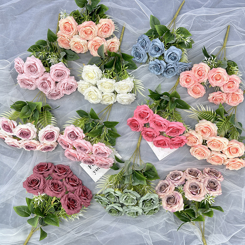 Artificial 7 Heads Diamond Rose Bouquets Fake Flowers Wholesale for Table Centerpieces Home Easter Spring Wedding Party Decor DIY Floral Arrangement Vase Filler