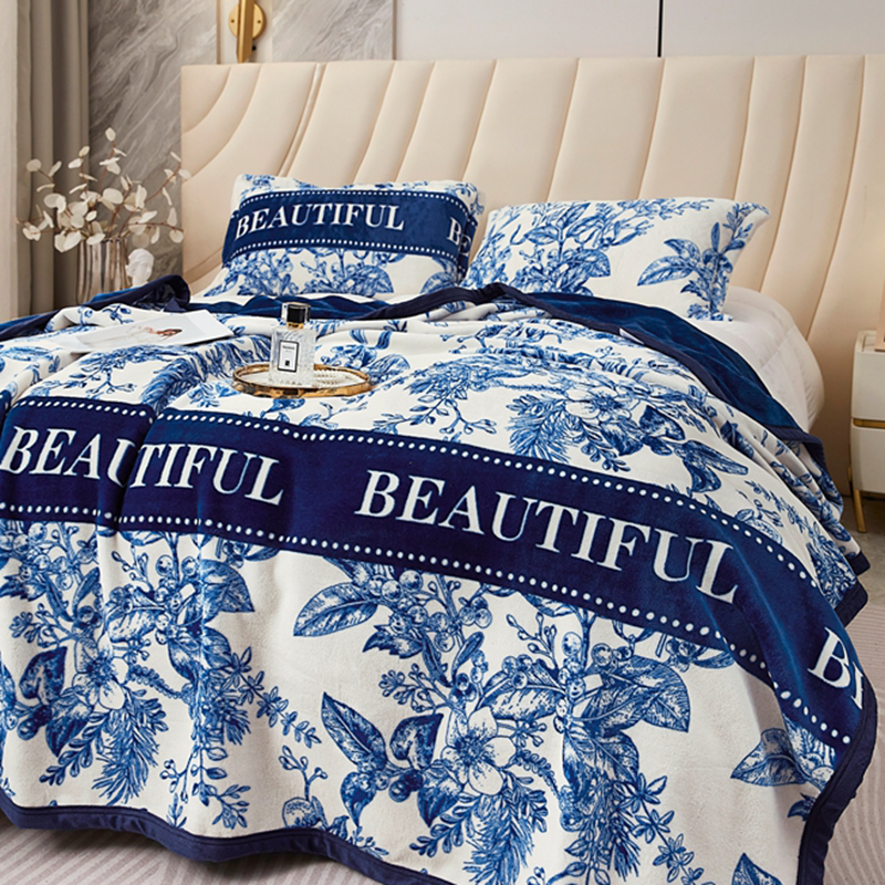 Designer Luxury Brand Skin-friendly Soft Throw Milk Fluff Nap Blanket with Plants and Flowers Camellia Pattern for Office /Bedroom /Travel /Gift W2603