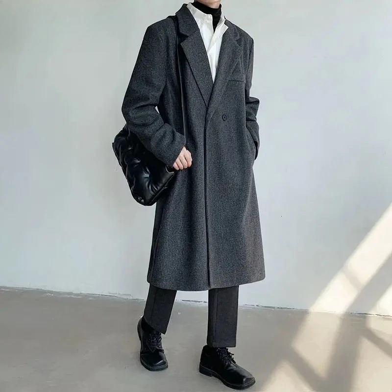 Autumn Winter Loose Fit Casual Jacket for Men Stand Collar Korean Style Mens Long Overcoat KneeLength Fashionable Woolen Coats 251017