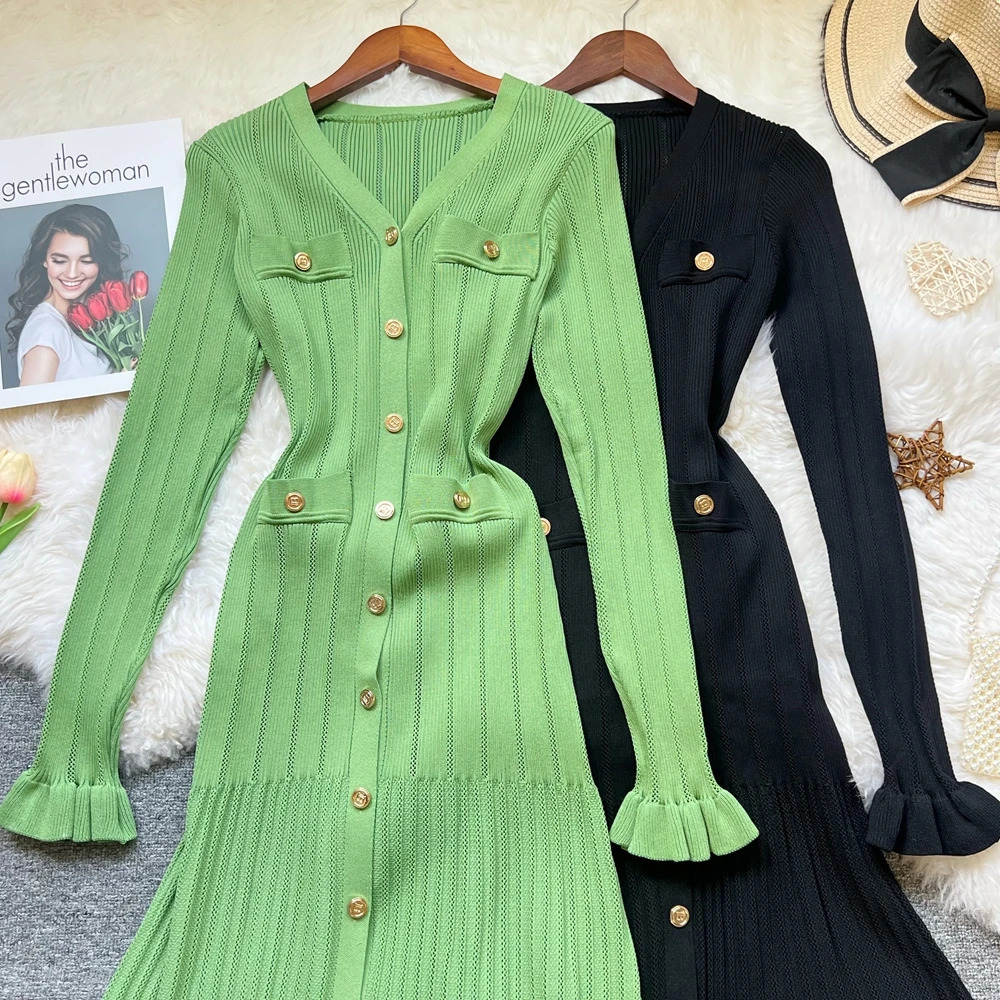 YuooMuoo Woman Dresses Autumn Winter Vintage Patchwork Knitted Midi Dress Elegant Vneck Lady Ruffled Shirt Sweater Dress 251020