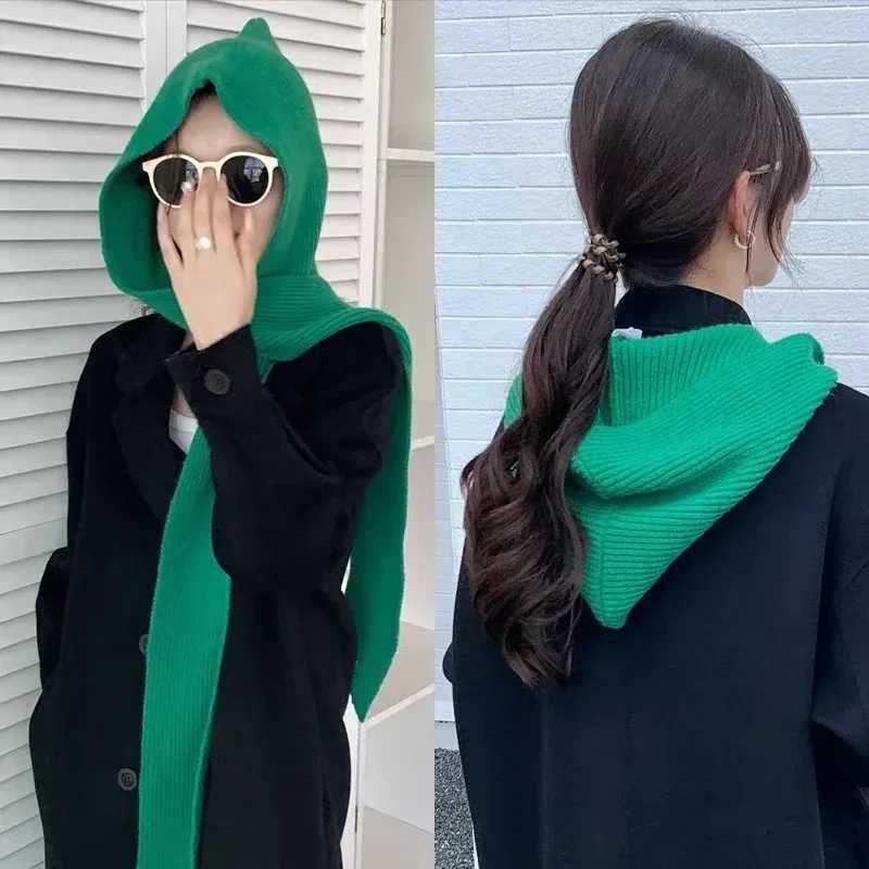 Korea Scarf Hats For Women Spring Autumn Fashion Warm Knitted Hooded Scarf Hat Multiple Usage Accessory Shawl Caps J251118