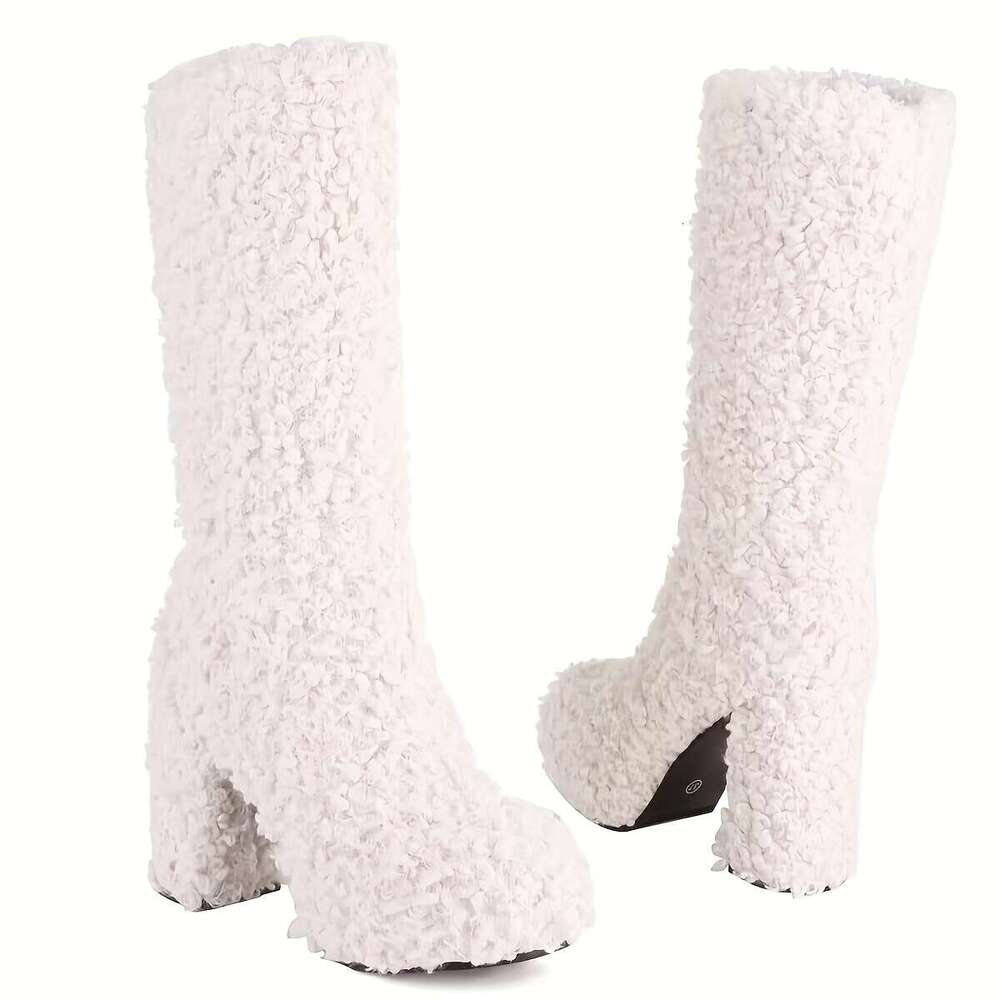 Women's Chunky 11" High Heel Fluffy Mid-Calf Boots With 1.57" Platform Warm Plush Lining, Round Toe & Slip-On Design All-Season Comfort