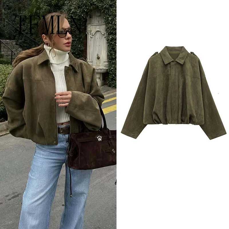 TFMLN New Fashion Suede Fabric Women Bomber Jackets 2025 Causal Long Sleeve Zipper Loose Coats Cropped Jacket Outwear Y251105