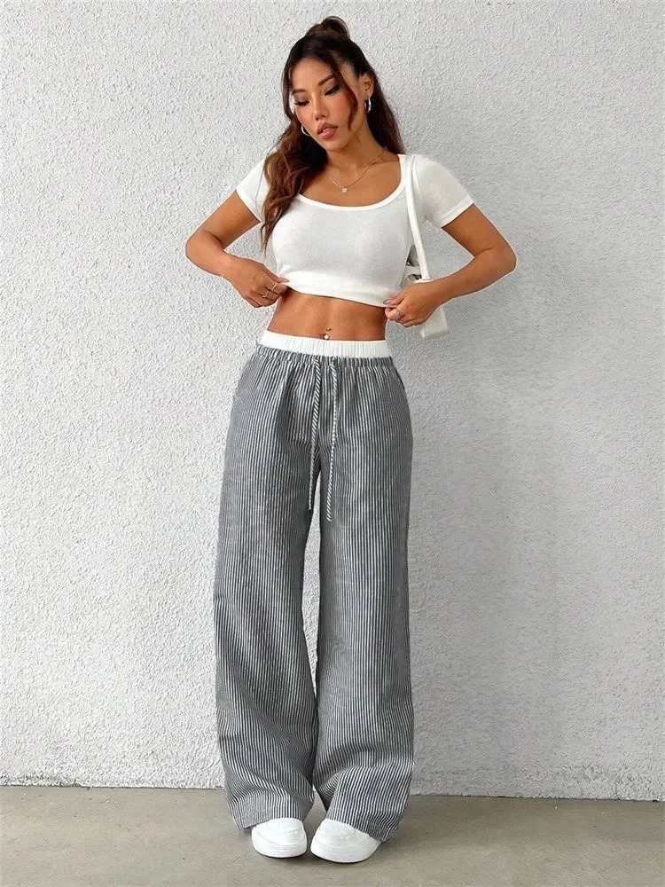 Casual Striped Woven Wide Leg Pants for Women Autumn Winter Casual Stylish Full Length Trousers Y2K Clothes Streetwear 251022
