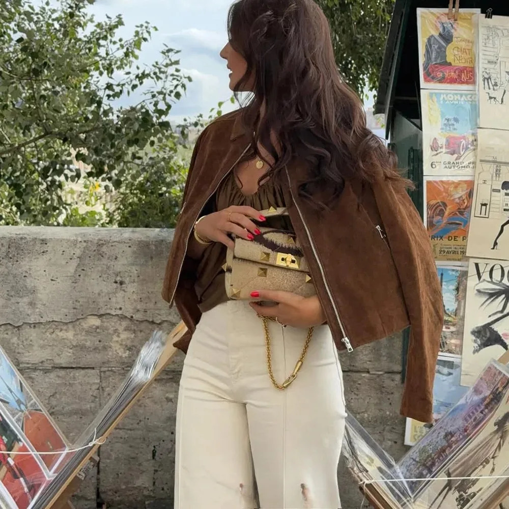 KONDALA Streetwear Suede Slim Jackets Women Zipper Pockets Long Sleeve Coats Fashion Fall Casual Vintage Elegant Outwears 251021