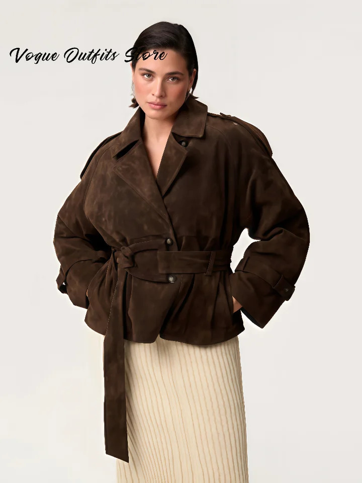 Chic Belt Brown Suede Jackets Women Loose Lapel Single Breasted Full Sleeve Jacket Autumn Lady Street Vintage Outwear 251020
