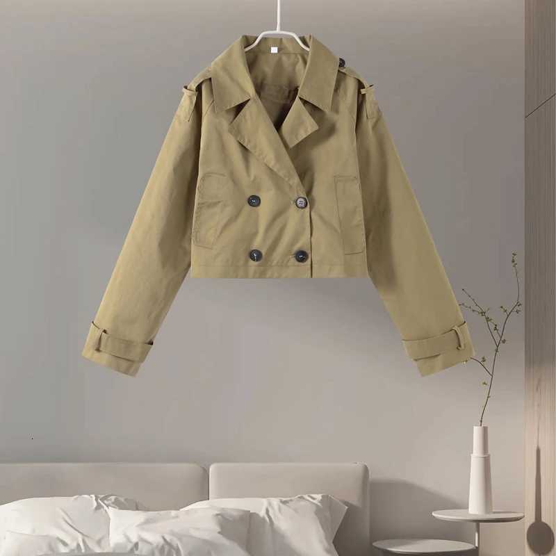 Elegant Womens Belt Cropped Trench Coats Stand Collar Double Breasted Full Sleeve Jacket 2025 Autumn Chic Commute Outwear New1 Y251105