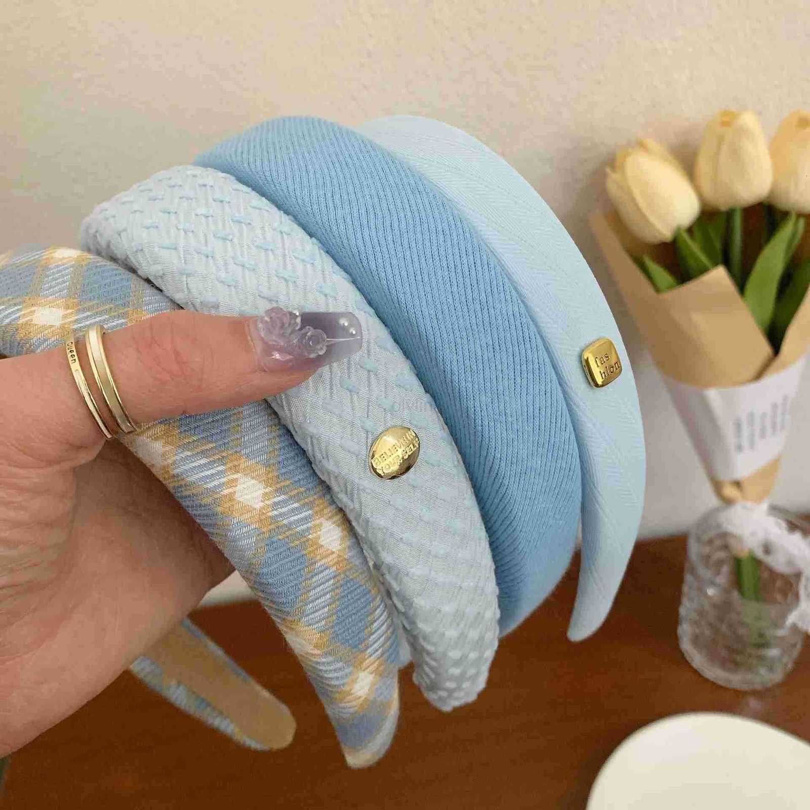 New Korean Style Sponge Headband for Women Elegant Gold Label Blue Wide Brimmed Hair Band Fashion Girl Face Wash Hair Hoop M251022