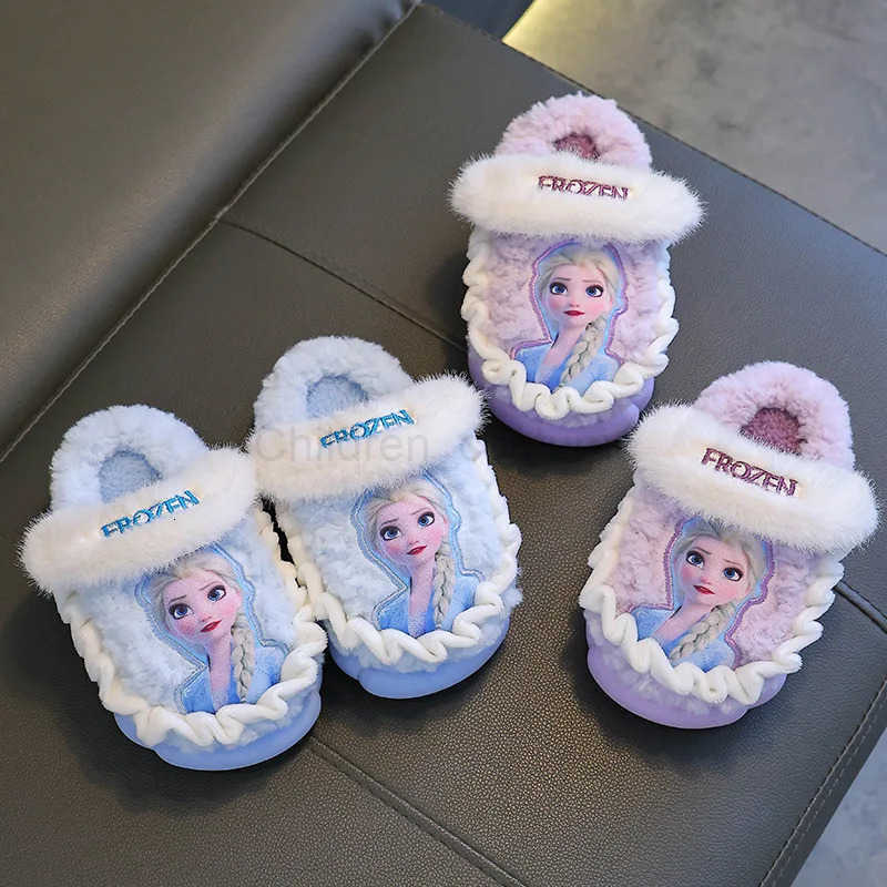 Disney Princess Elsa Winter Childrens Cotton Home Slippers Frozen Girls Snow Non Slip Warm Baby Slippers Pink Blue Size 2436 H2510221