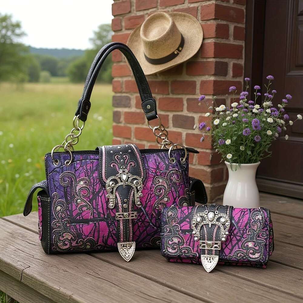 Women's Western Cowgirl Crossbody Bag Set Camouflage Crown Buckle, Rhinestone-Adorned Floral Shine Glow Design, Detachable Strap & Zipper Closure